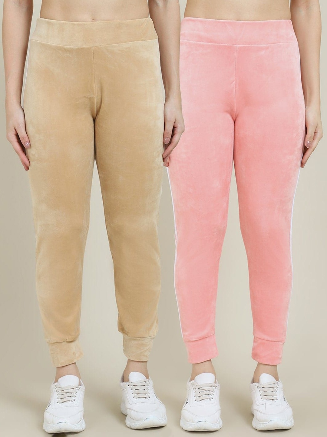 

Miaz Lifestyle Women Pack Of 2 Peach & Beige Solid Cotton Track Pants