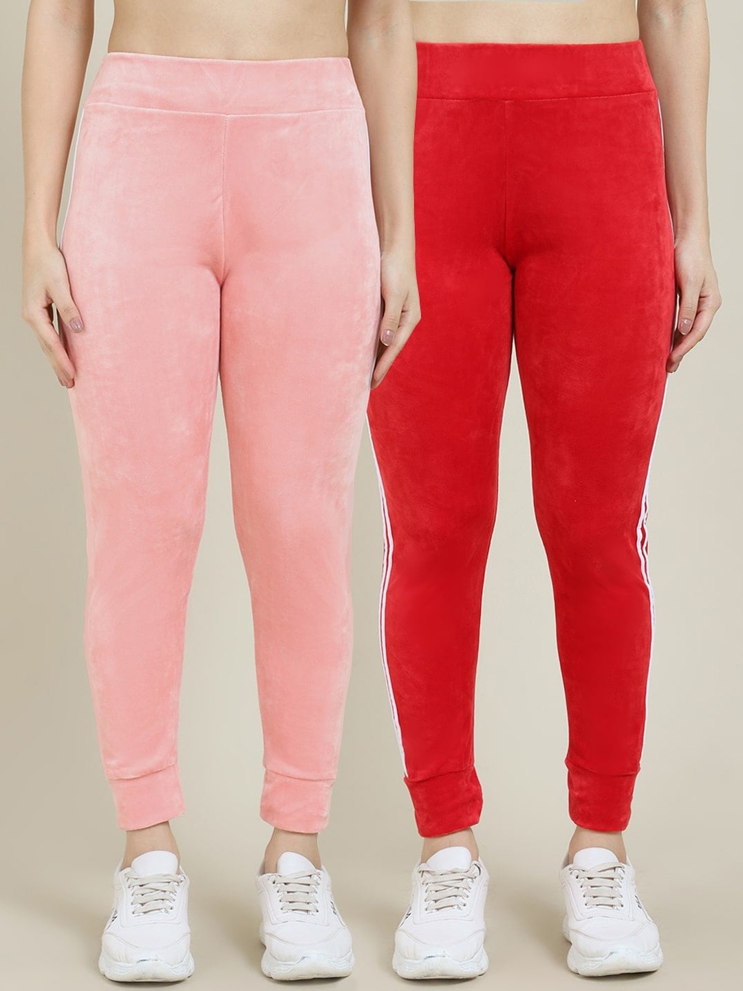 

Miaz Lifestyle Women Pack Of 2 Solid Velvet Relaxed-Fit Joggers, Peach