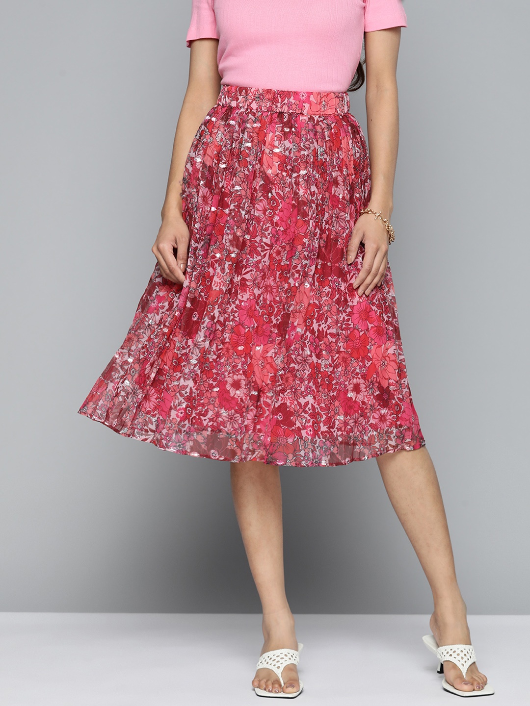 

HERE&NOW Accordion Pleated Floral Print A-Line Skirt, Pink