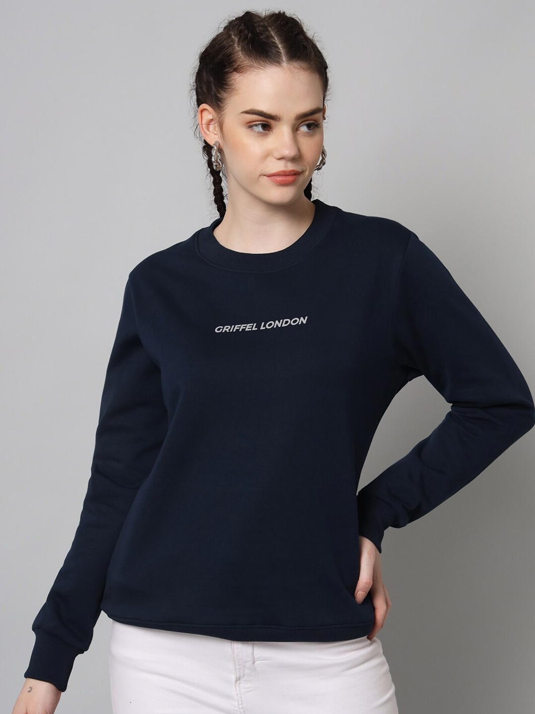 

GRIFFEL Women Navy Blue Solid Sweatshirt