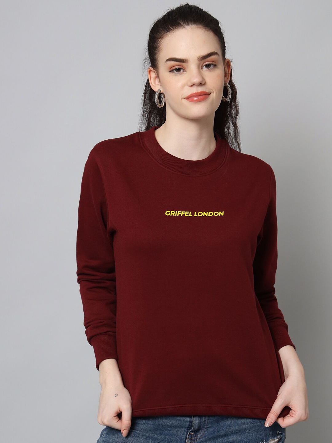

GRIFFEL Women Maroon Solid Sweatshirt