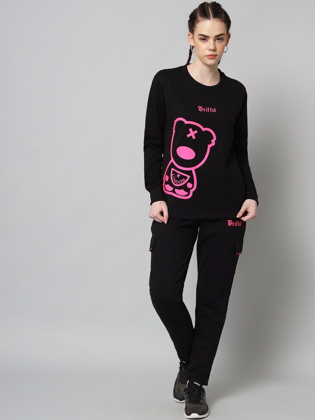 

GRIFFEL Women Black & Pink Graphic-Printed Tracksuits