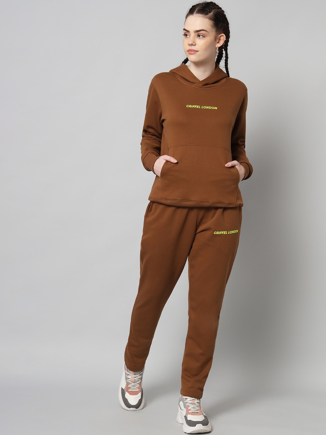 

GRIFFEL Women Coffee Brown Printed Hooded Tracksuit