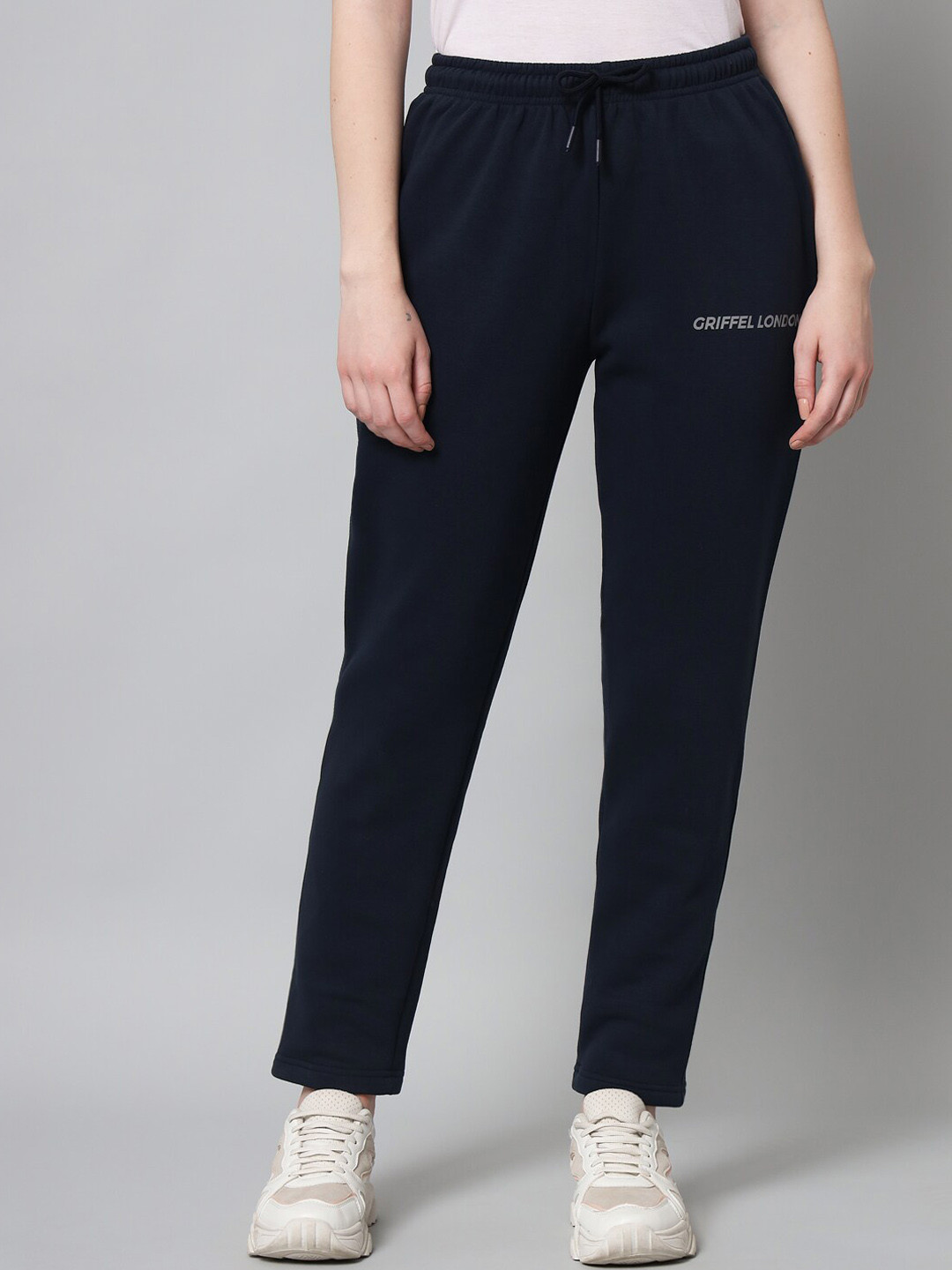 

GRIFFEL Women Navy Blue Solid Cotton Track Pants, Peach