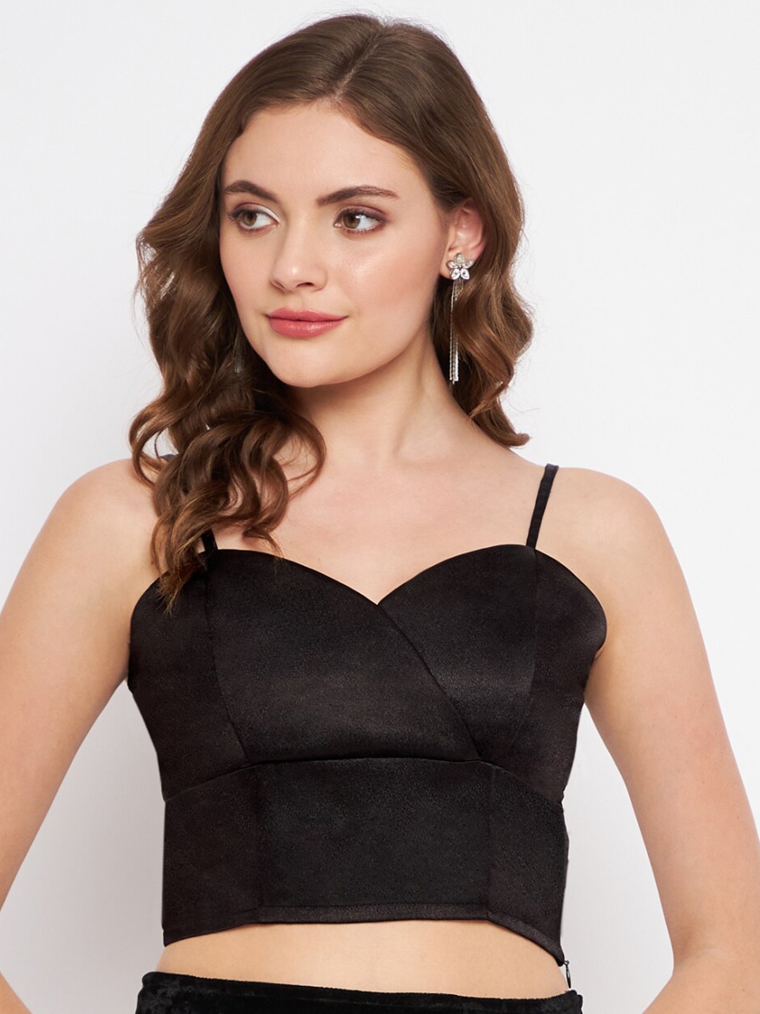 

Martini Women Black Smocked Satin Shoulder Strap Crop Top