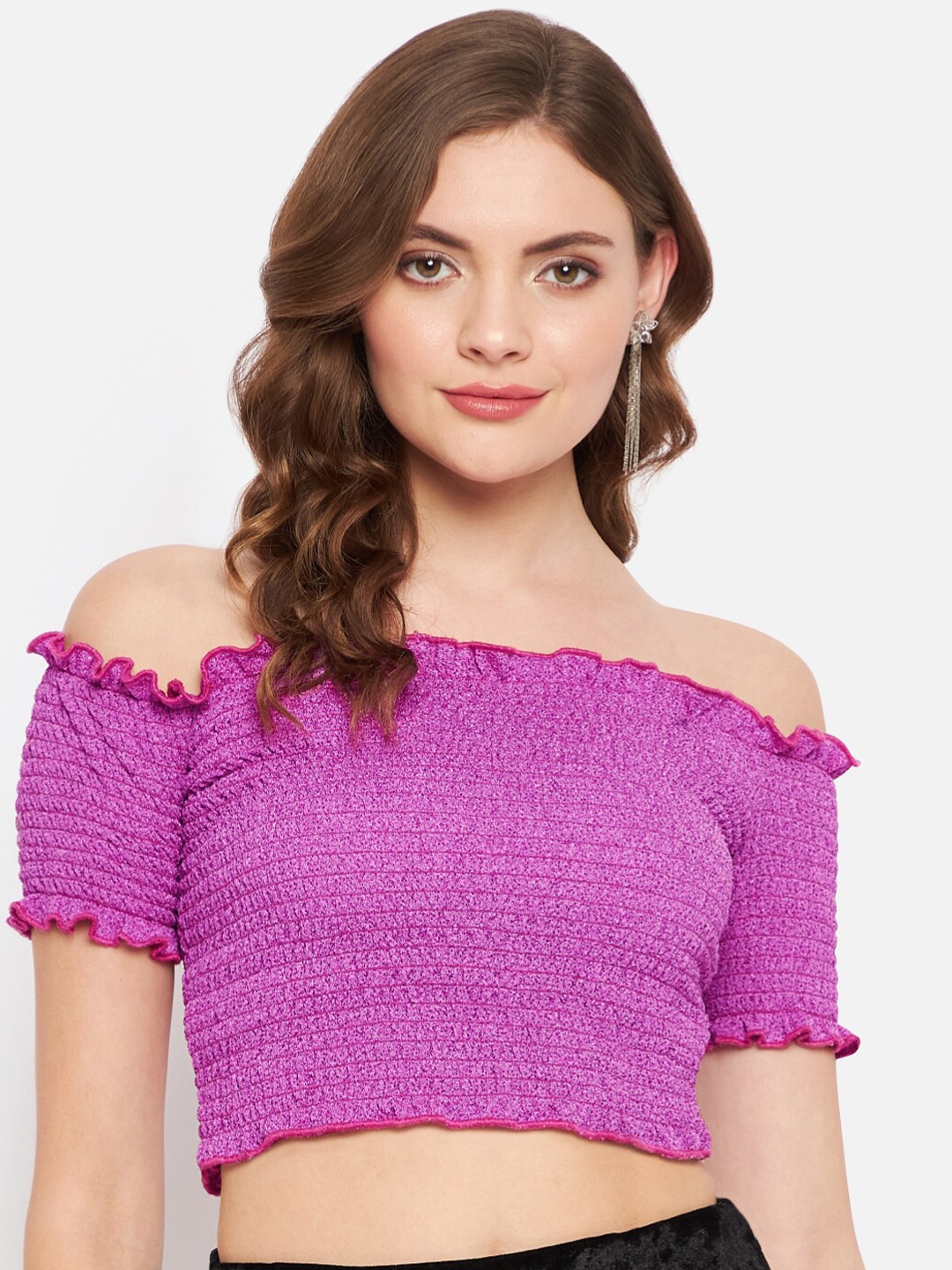 

Martini Purple Off-Shoulder Smocked Bardot Crop Top