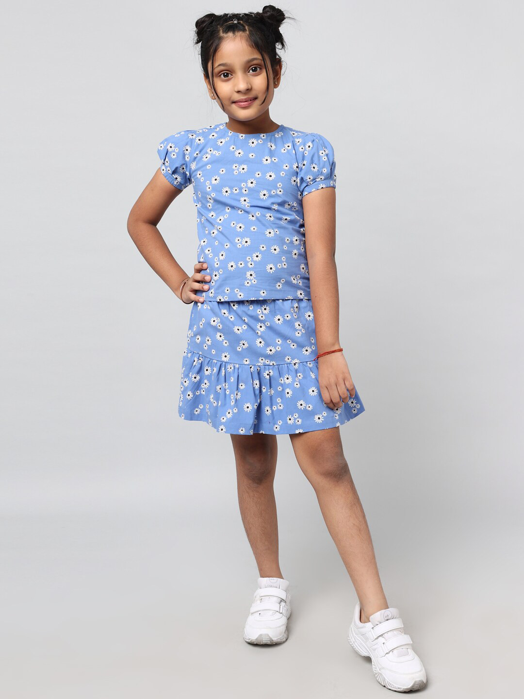 

HERE&NOW Girls Blue & White Printed Top with Skirt