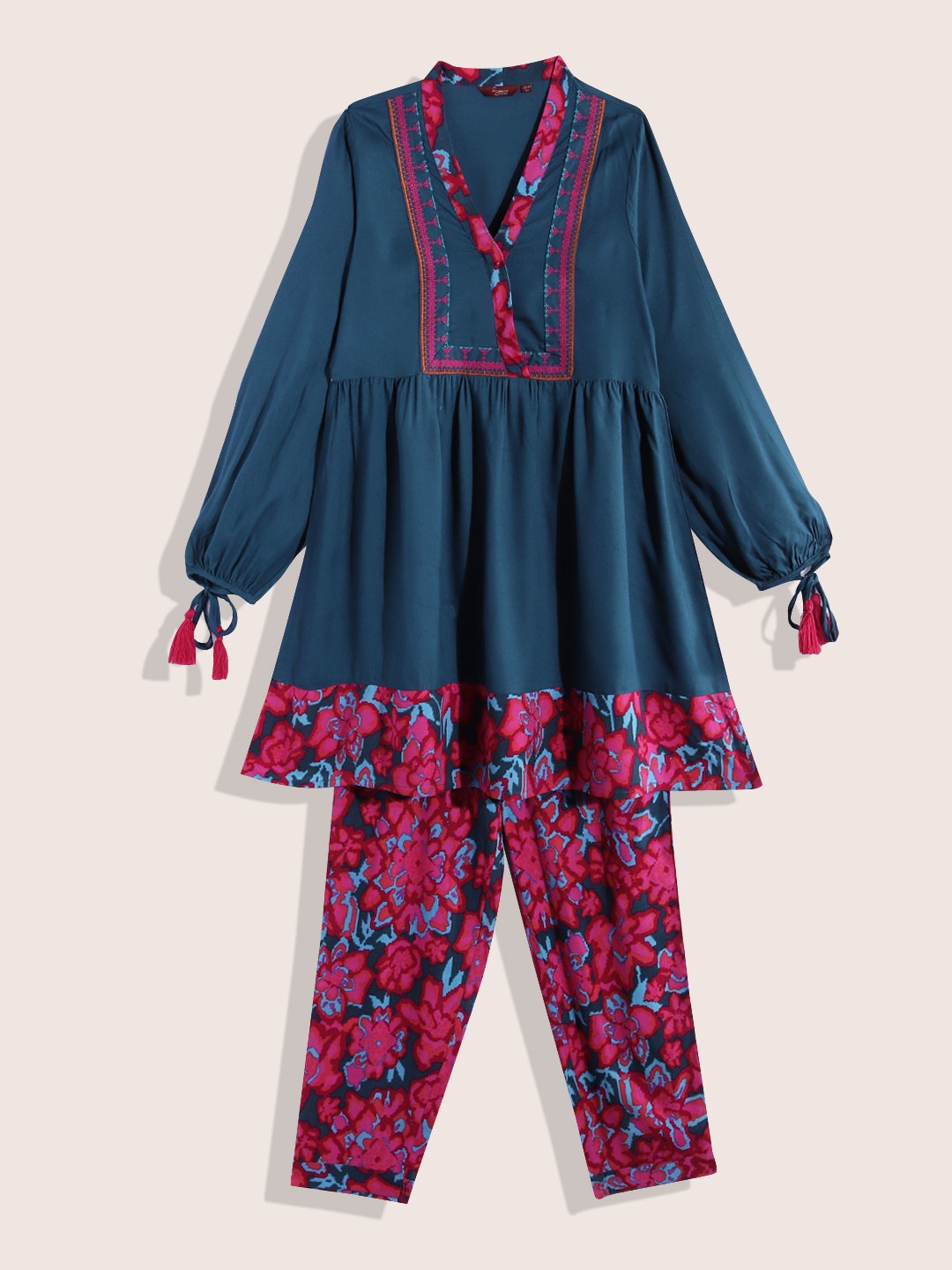 

Sangria Teen Girls Floral Print Kurta with Trousers, Teal