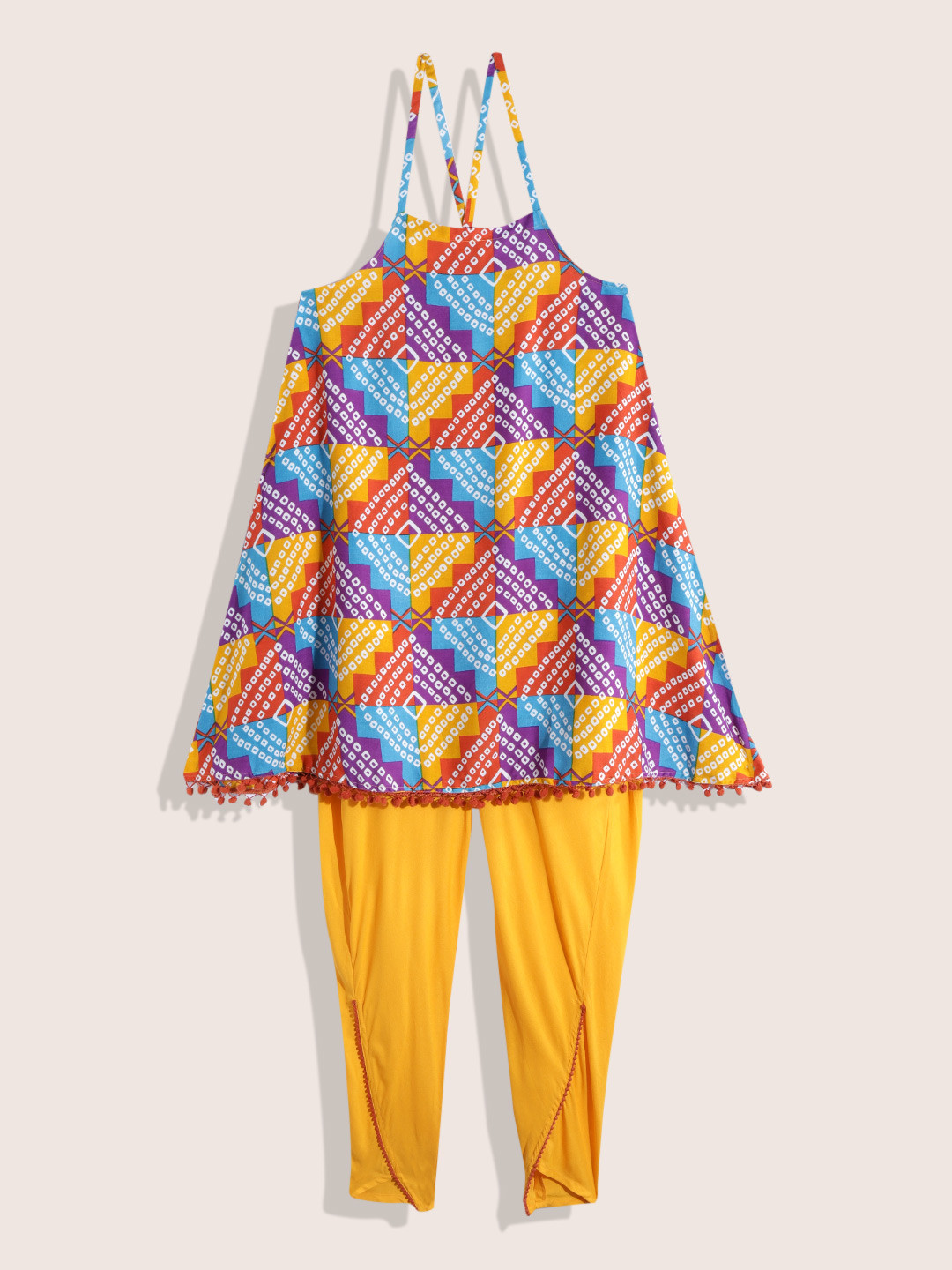

Sangria Teen Girls Geometric Printed Pom-Pom Detail A-Line Kurta with Trousers, Yellow