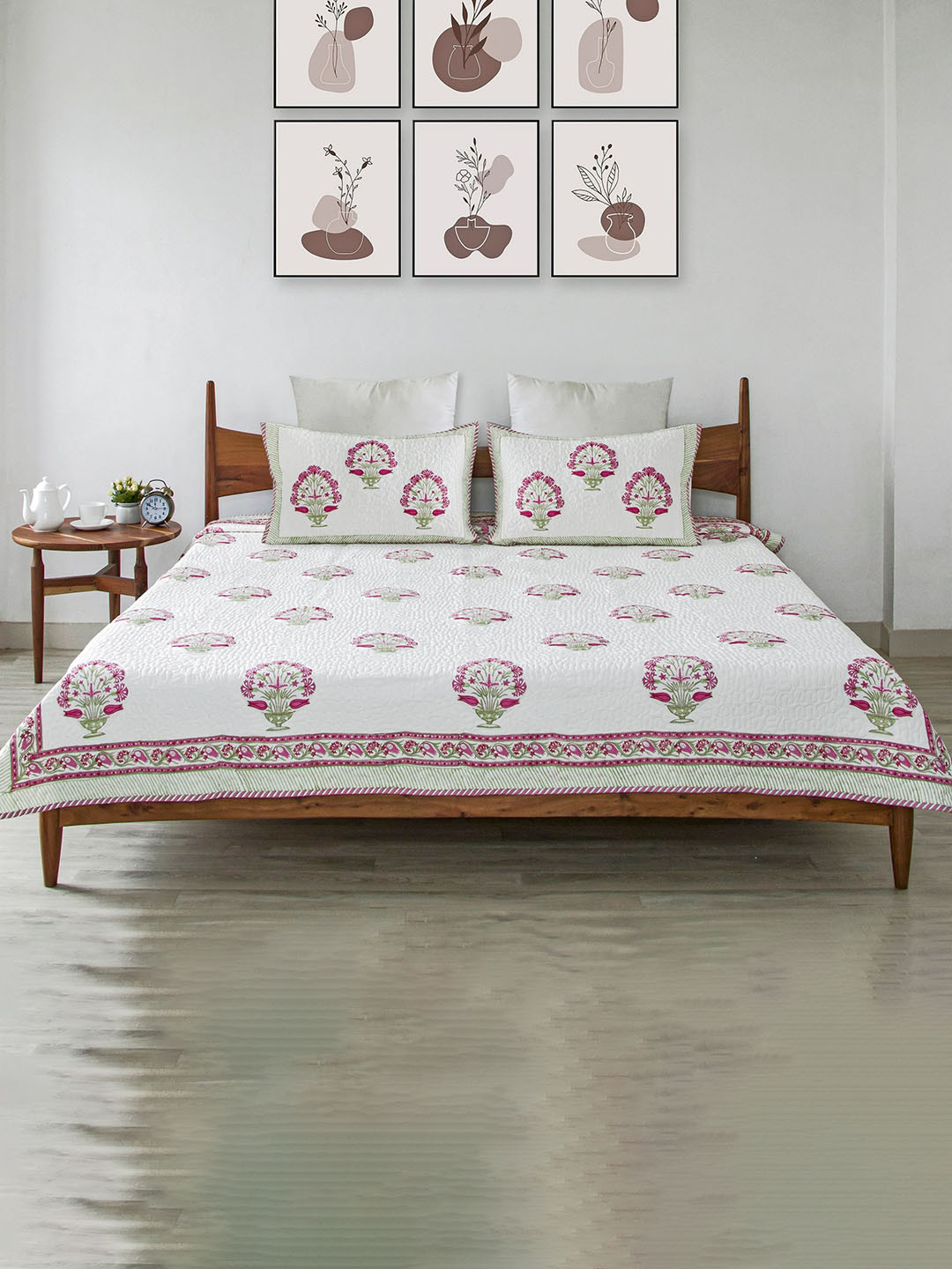 

HOMEMONDE Pink Printed 300GSM Cotton Bed Cover With 2 Pillow Covers