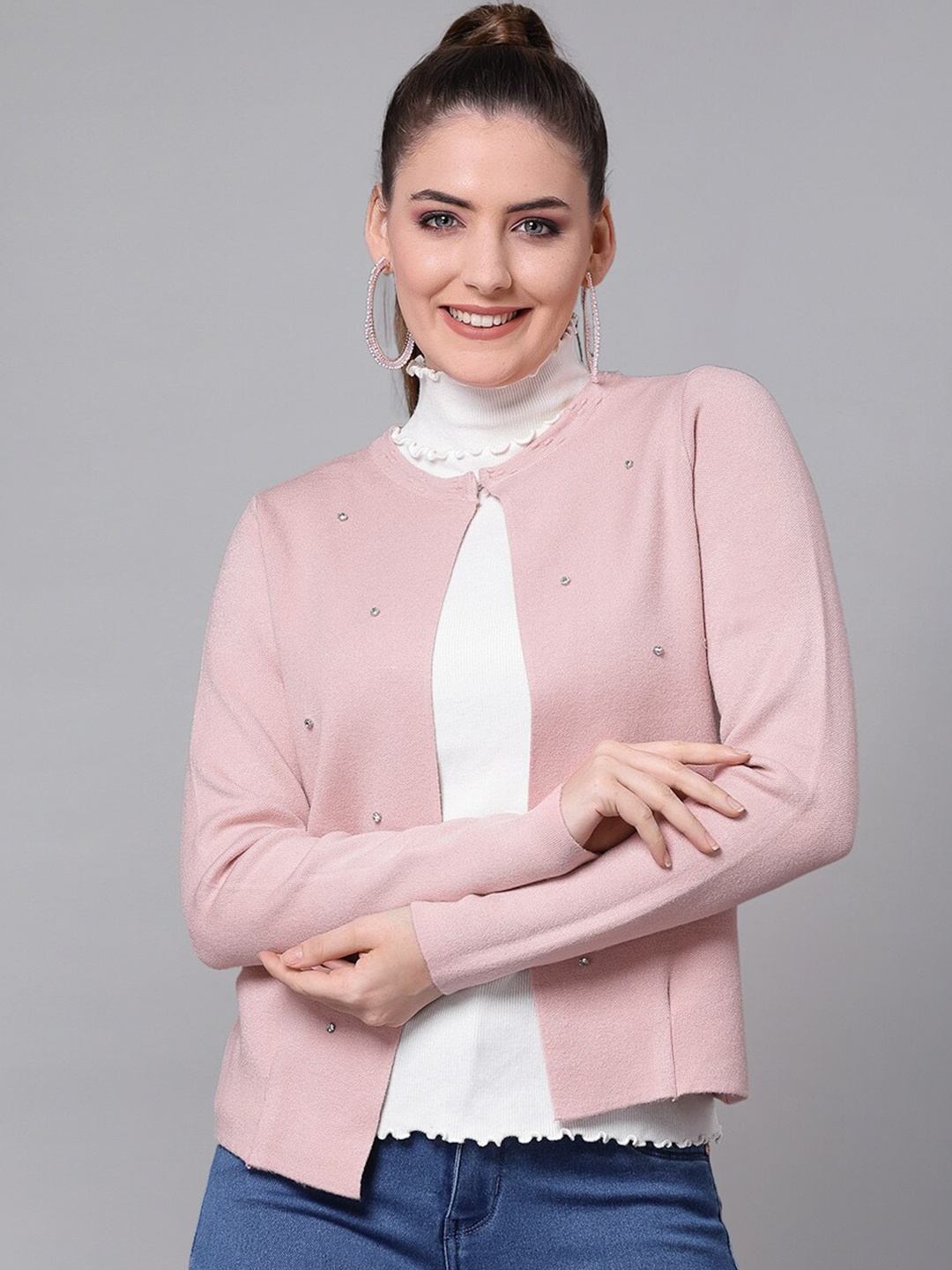 

Mafadeny Women Peach-Coloured & White Embellished Shrug