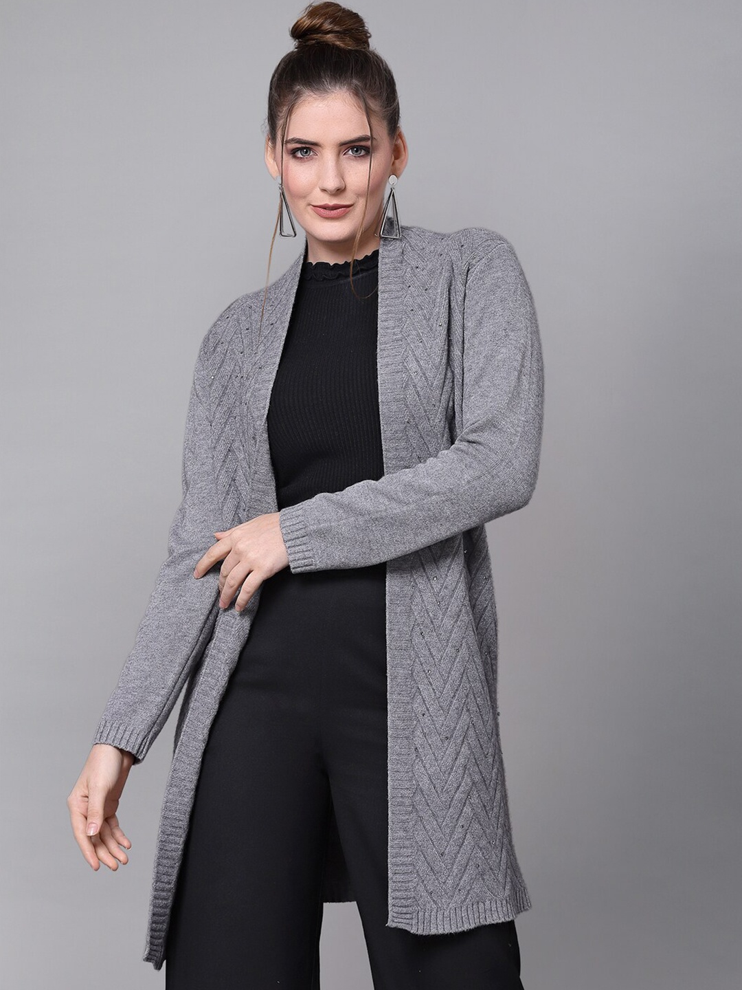 

Mafadeny Women Grey Embellished Longline Shrug