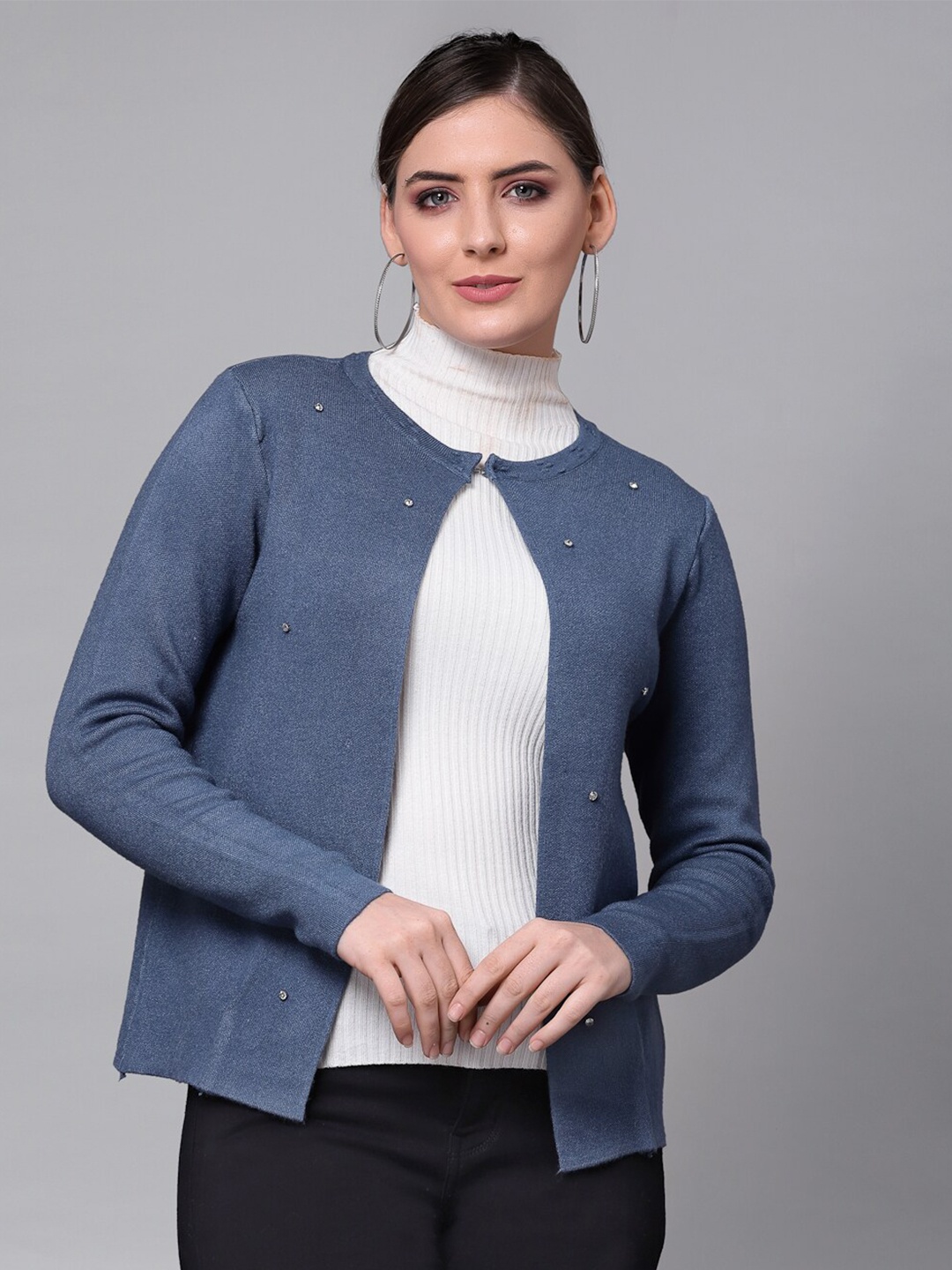 

Mafadeny Women Blue & White Embellished Shrug