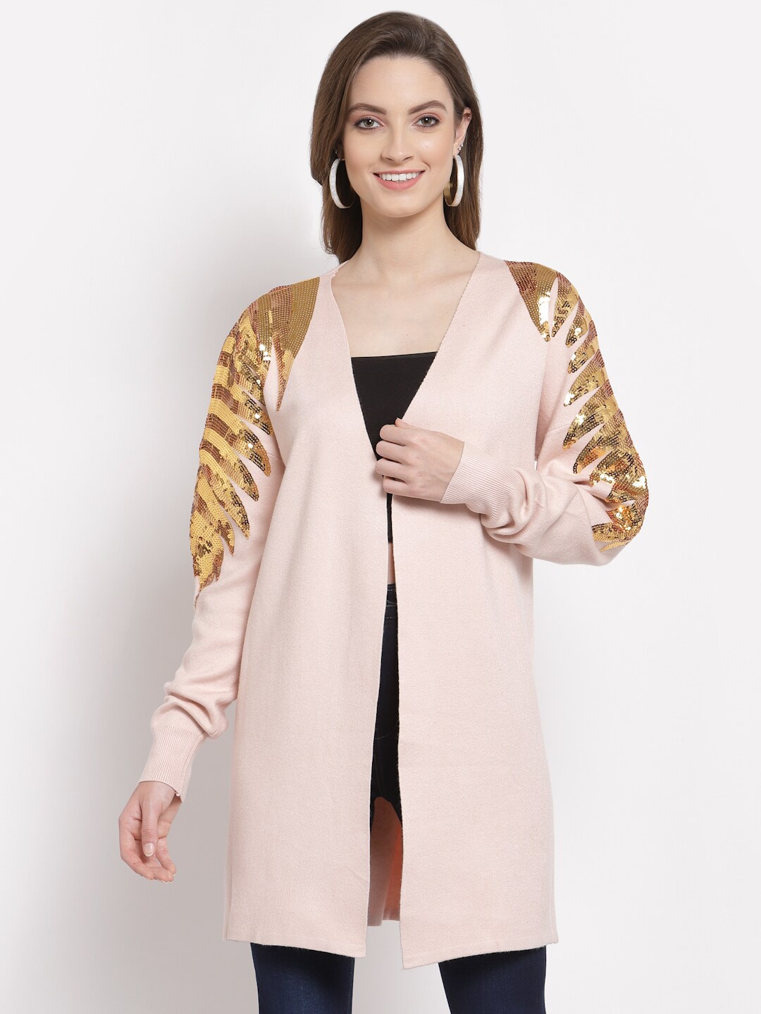 

Mafadeny Women Peach-Coloured & Gold-Toned Party Embellished Longline Shrug