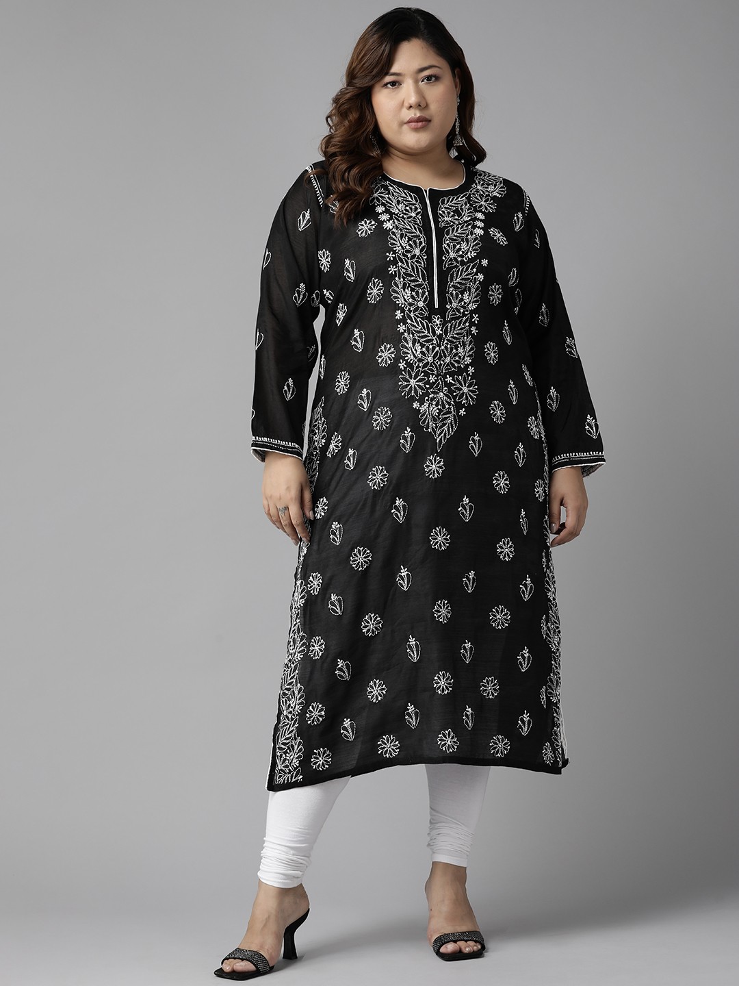 

ADA Women Plus Size Black Floral Embroidered Chikankari Kurta