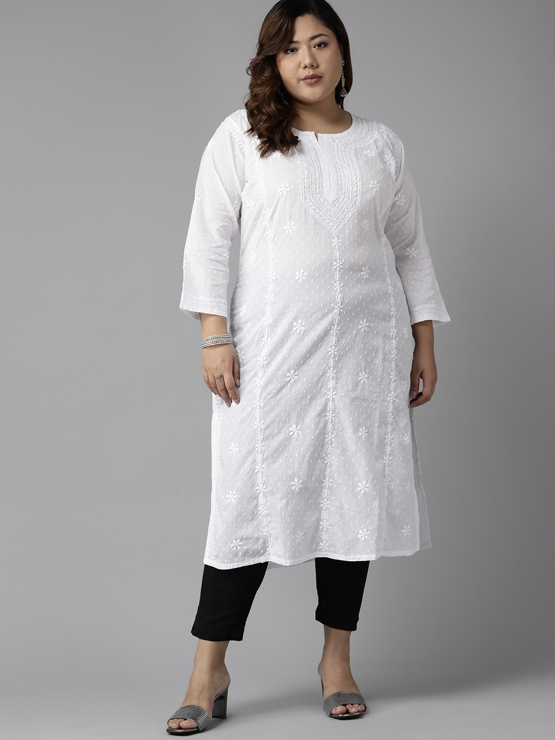 

ADA Women Plus Size White Floral Embroidered Chikankari Kurta