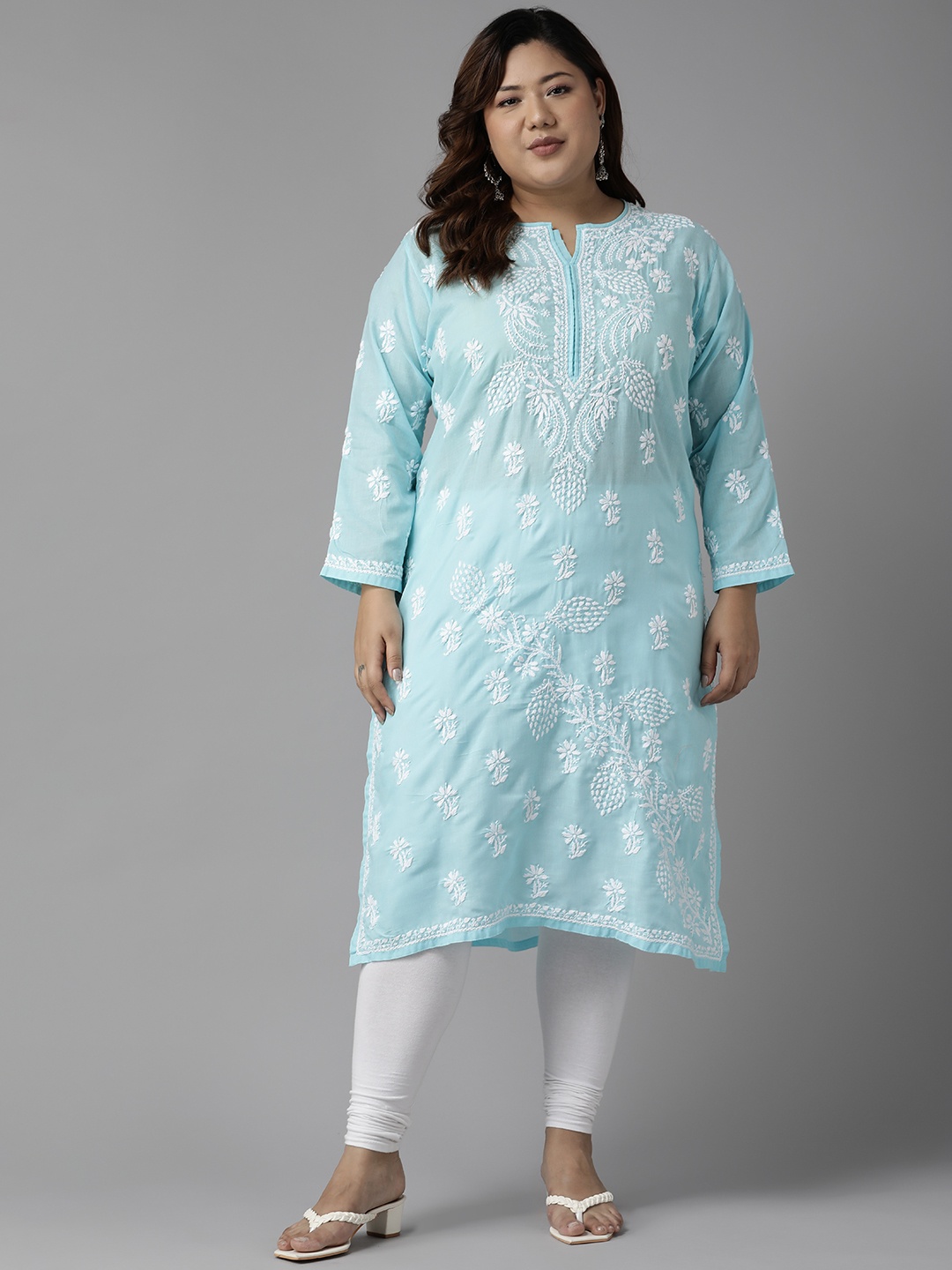 ADA Women Plus Size Blue Ethnic Motifs Embroidered Chikankari Kurta