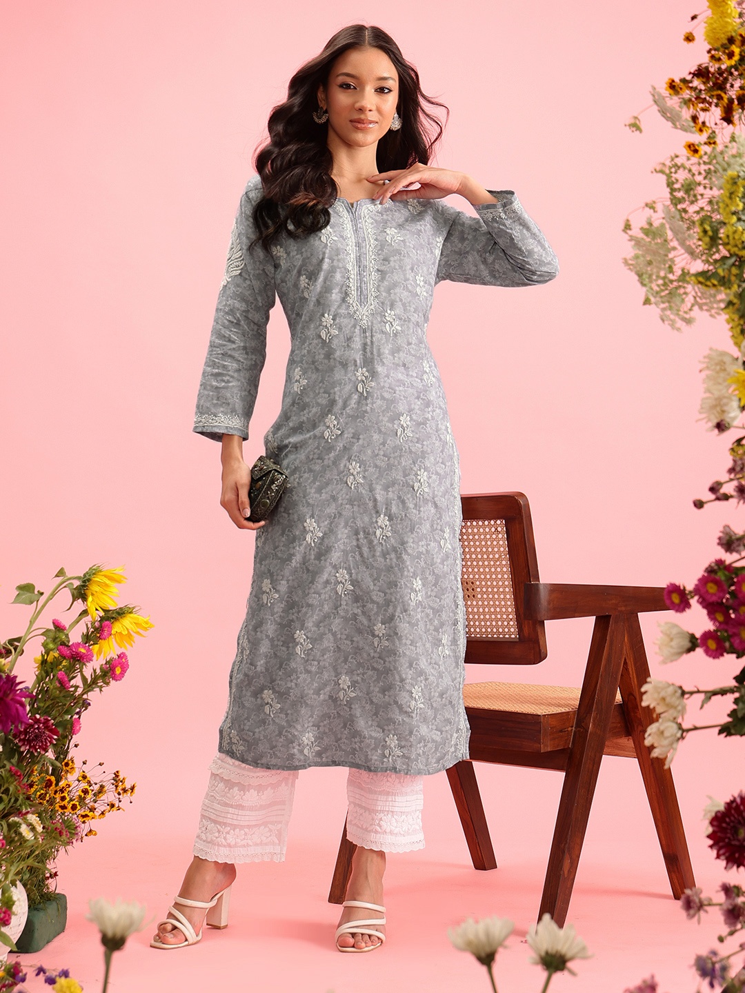 

ADA Women Plus Size Grey Floral Embroidered Chikankari Kurta