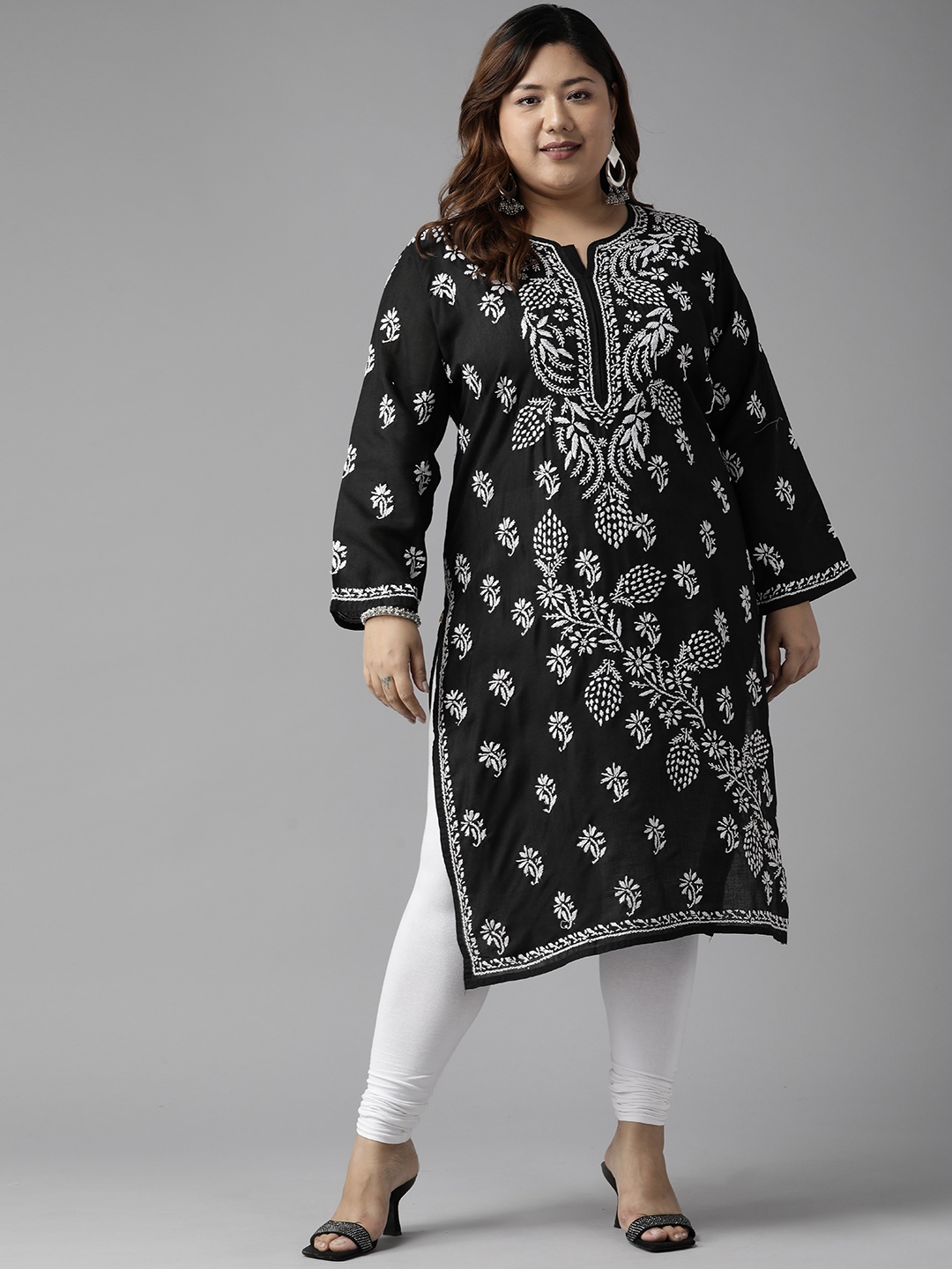 

ADA Women Plus Size Black Floral Embroidered Chikankari Kurta