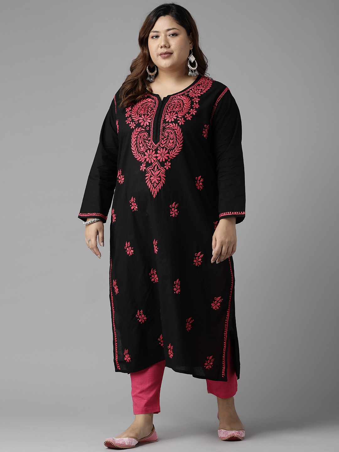 

ADA Women Plus Size Black & Magenta Floral Embroidered Chikankari Kurta