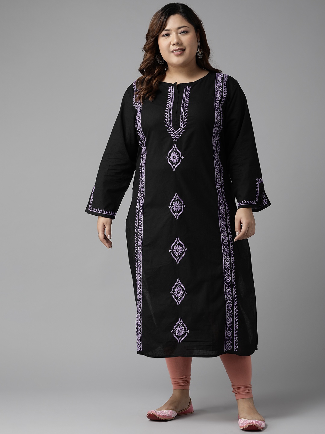 

ADA Women Plus Size Black & Mauve Floral Embroidered Chikankari Kurta