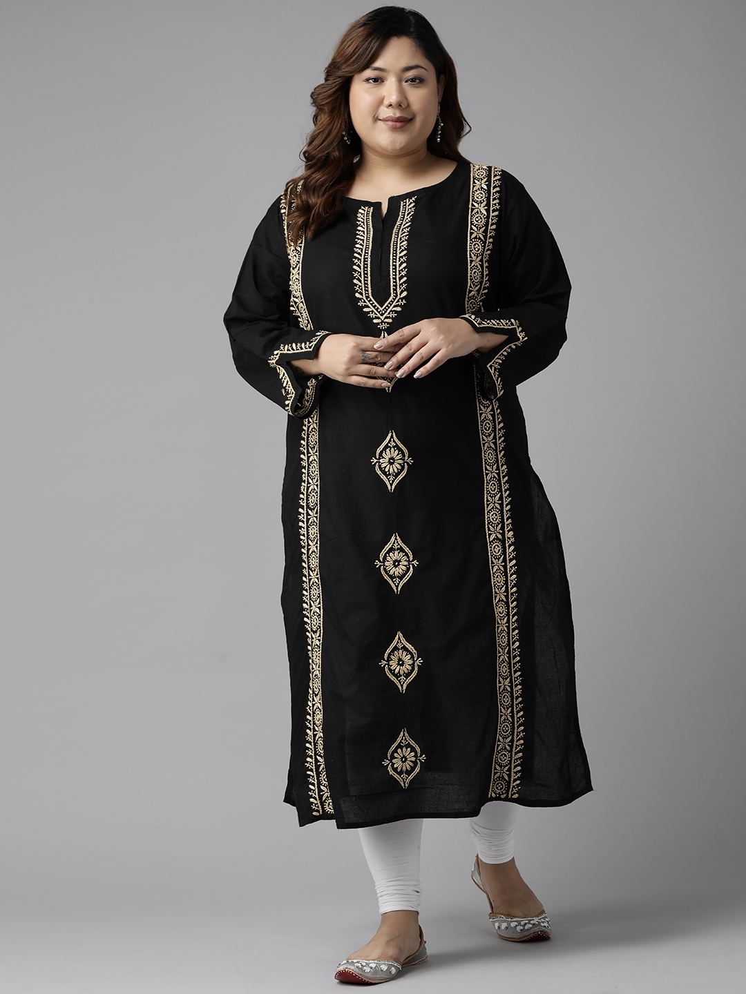 

ADA Women Plus Size Black & Beige Floral Embroidered Chikankari Kurta
