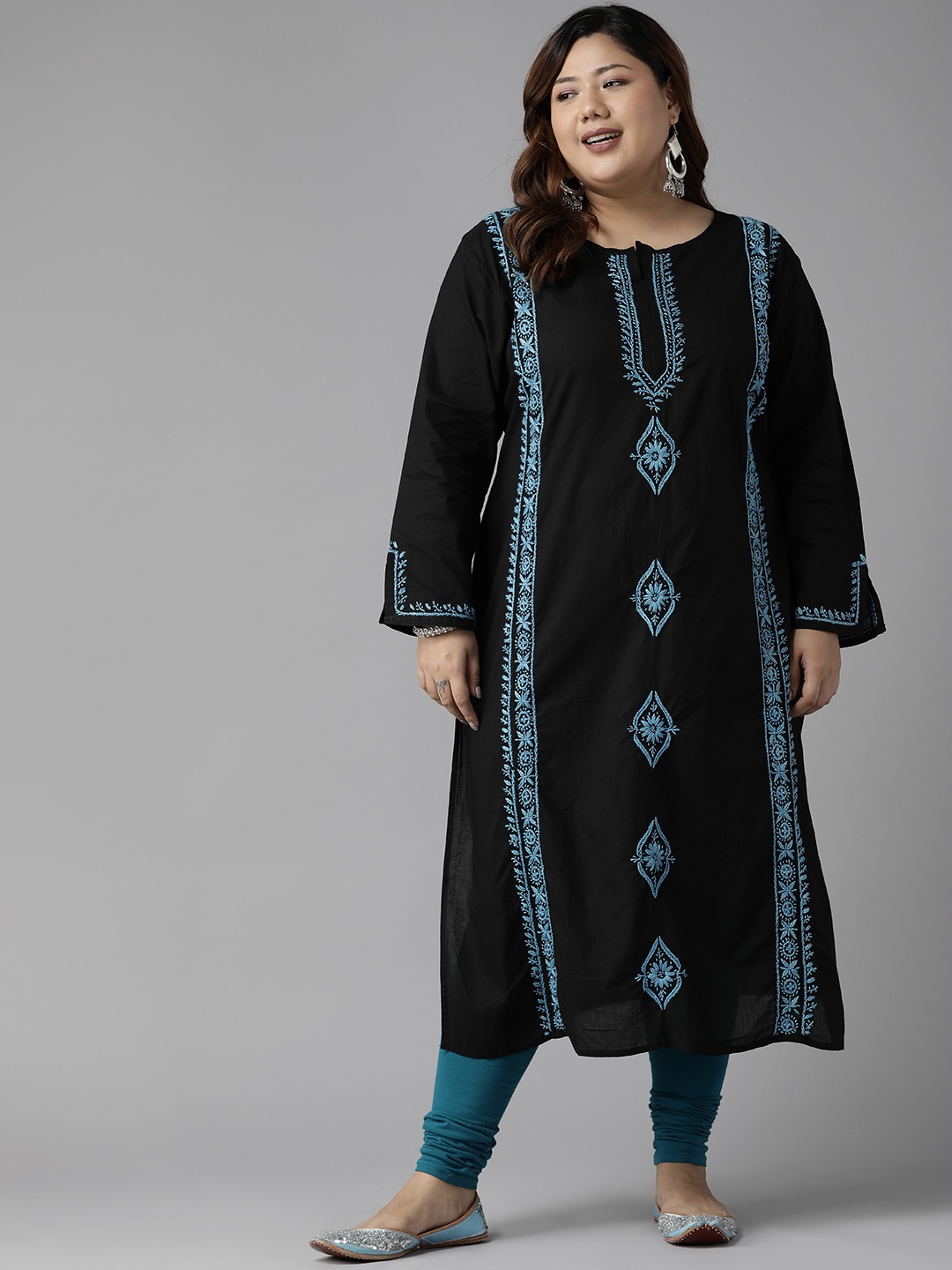 

ADA Women Plus Size Black & Blue Floral Embroidered Chikankari Kurta