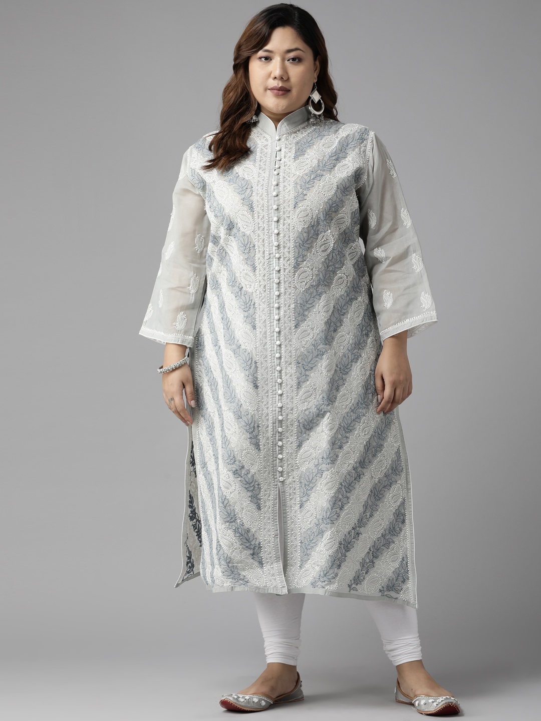 

ADA Women Plus Size Grey Ethnic Motifs Embroidered Thread Work Kurta