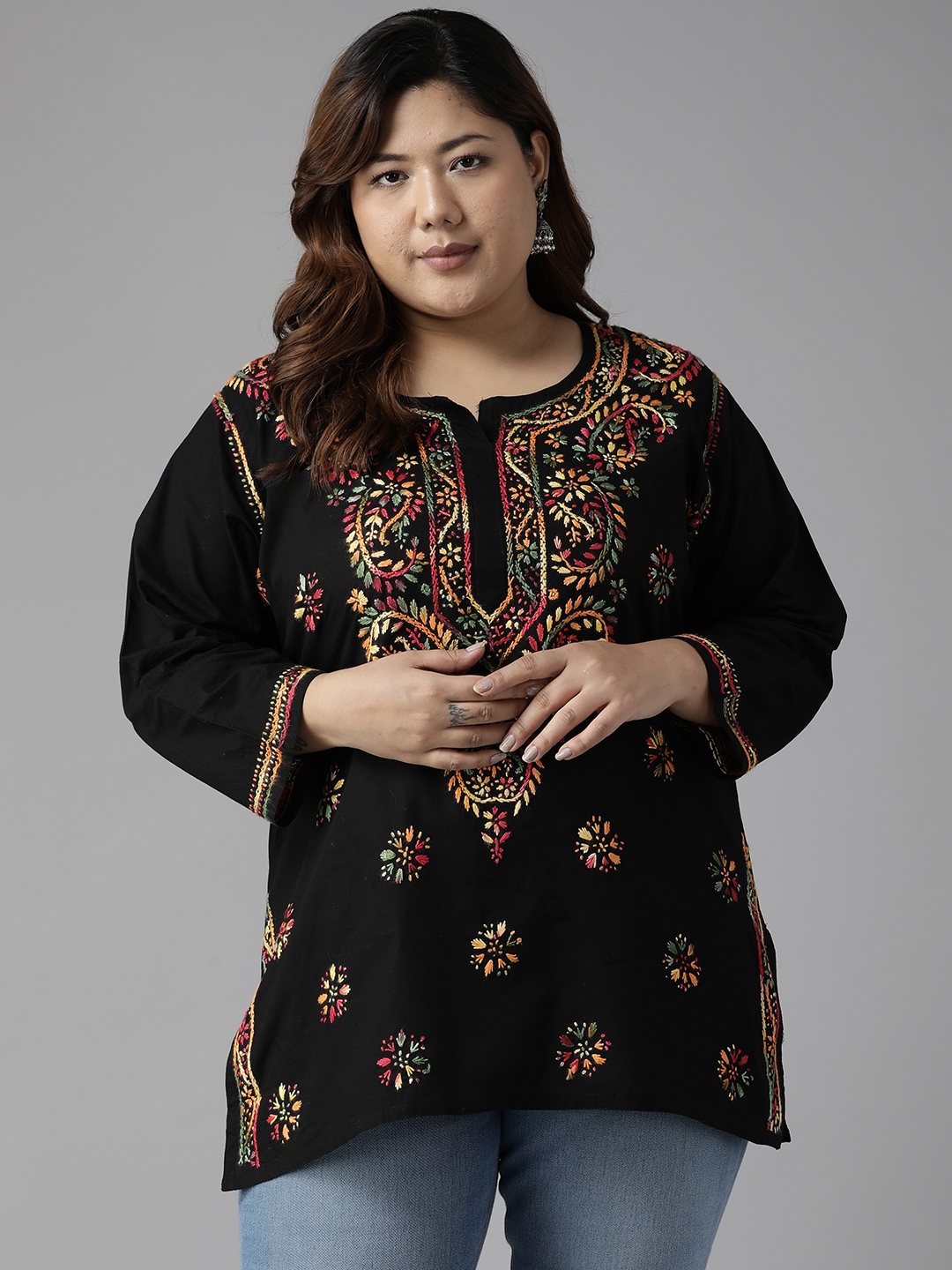 

ADA Women Plus Size Black Ethnic Motifs Embroidered Chikankari Kurti