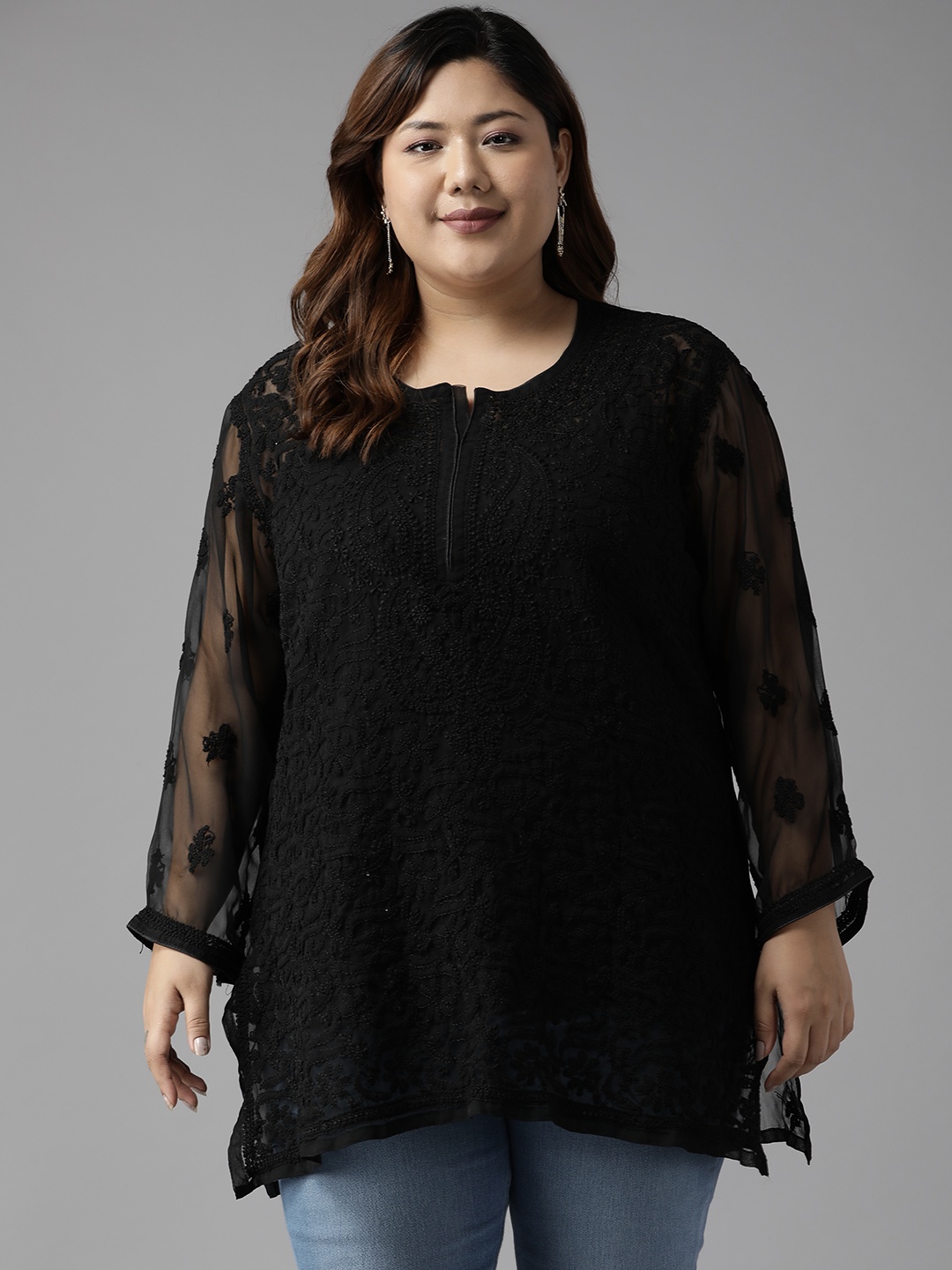 

ADA Women Plus Size Black Embroidered Chikankari Kurti With Slip