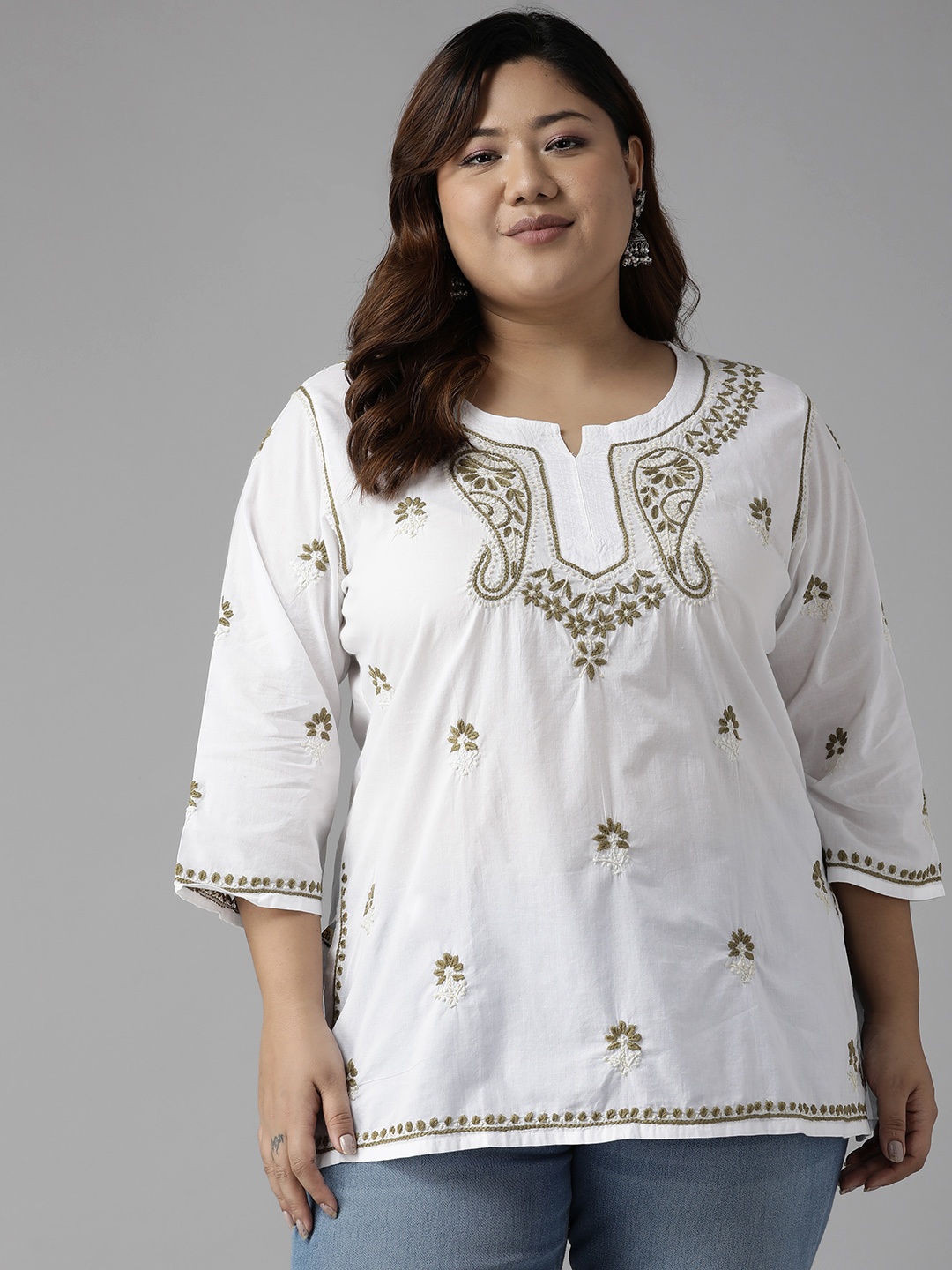 

ADA White & Olive Green Ethnic Motifs Embroidered Plus Size Chikankari Kurti