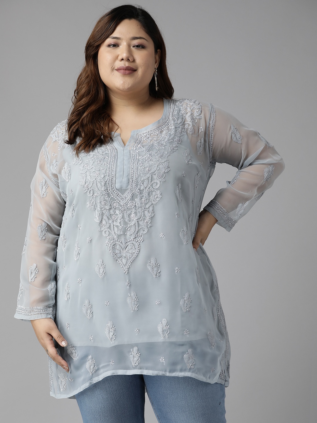 

ADA Plus Size Grey Ethnic Motifs Embroidered Chikankari Kurti With Slip