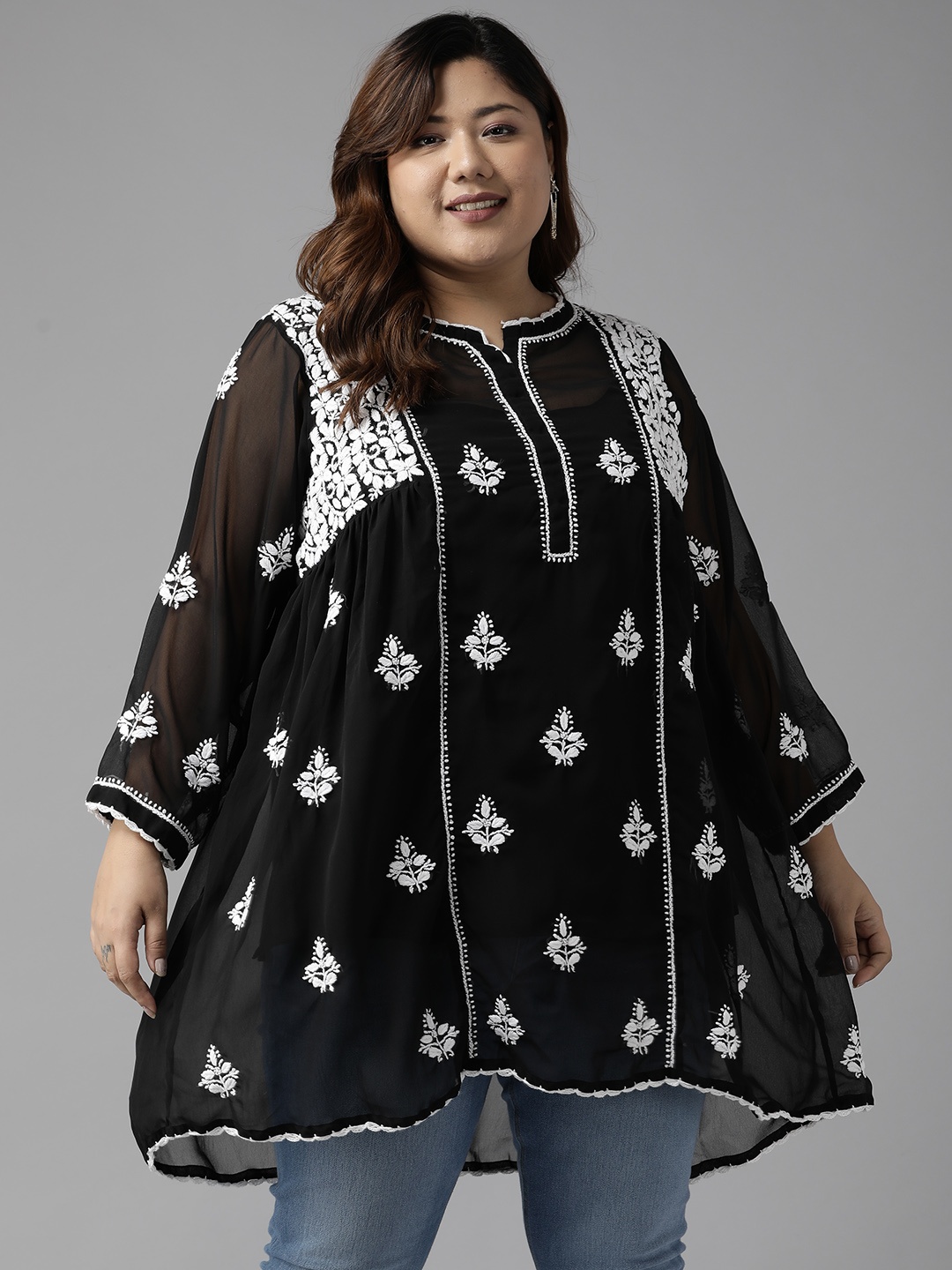 

ADA Plus Size Black & White Ethnic Motifs Embroidered Chikankari Kurti With Slip