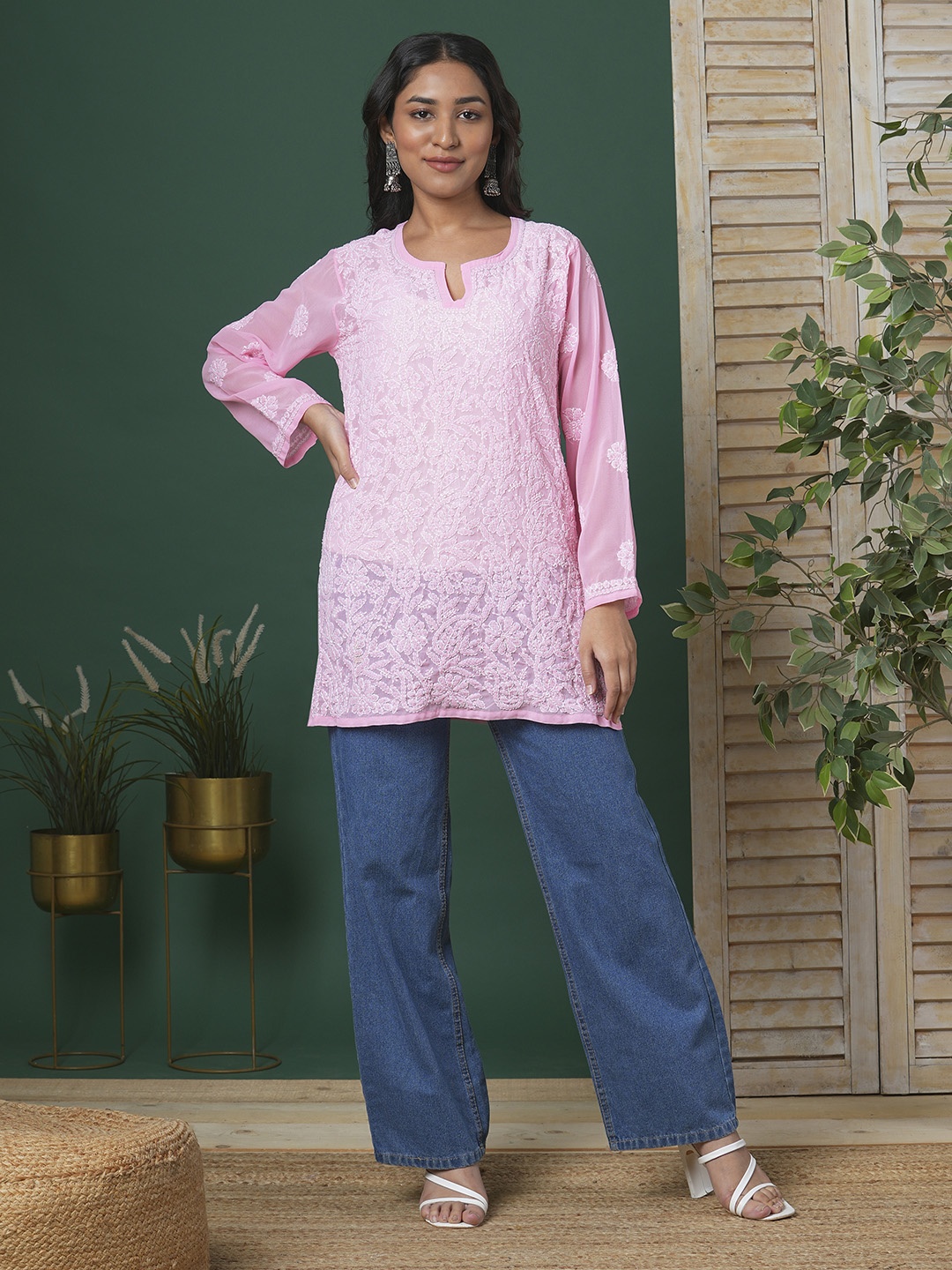 

ADA Pink & White Ethnic Motifs Embroidered Plus Size Chikankari Kurti