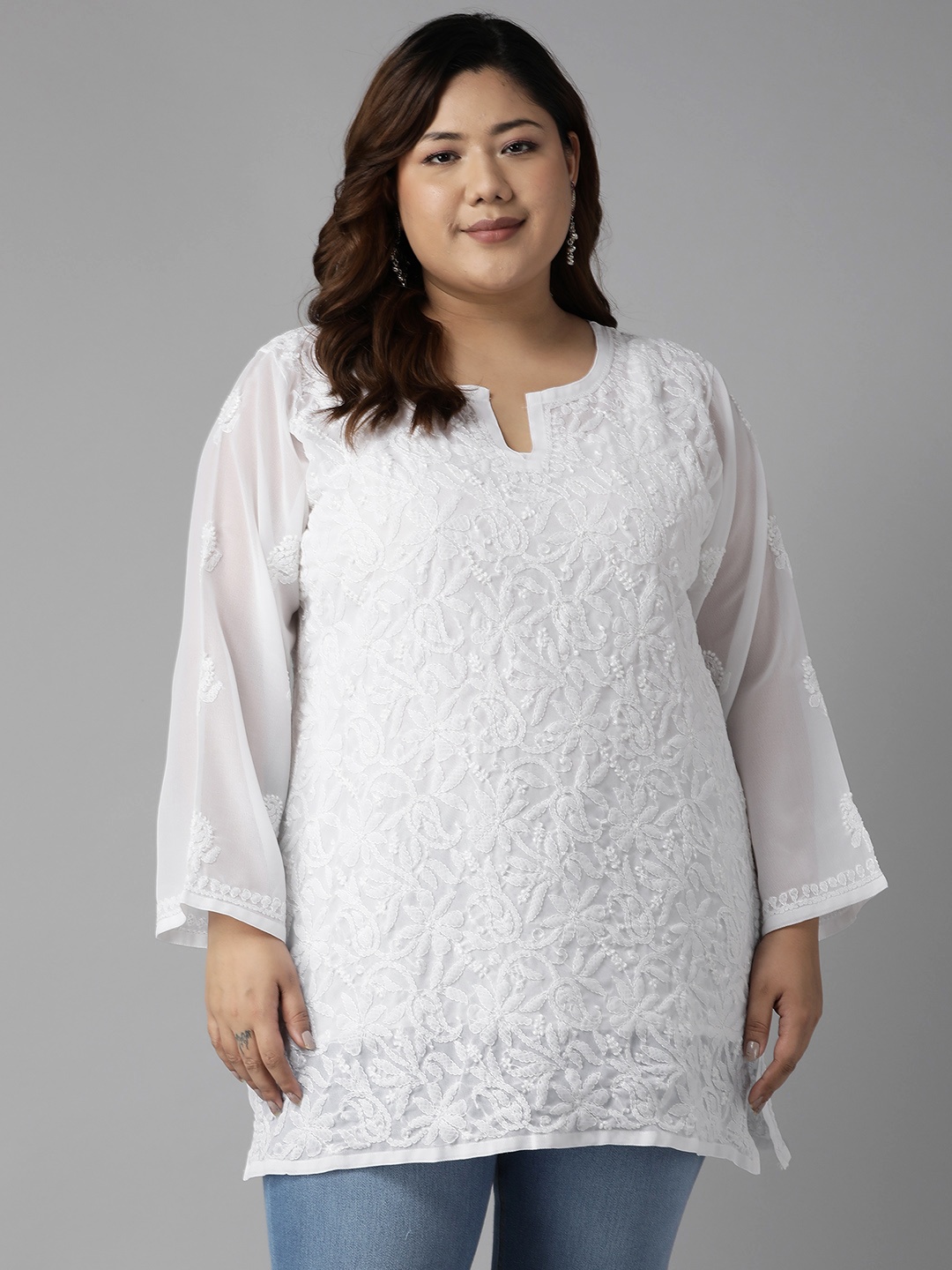 

ADA White Ethnic Motifs Embroidered Plus Size Chikankari Kurti