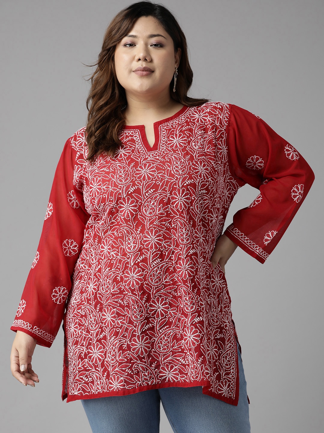 

ADA Red & White Ethnic Motifs Embroidered Plus Size Chikankari Kurti