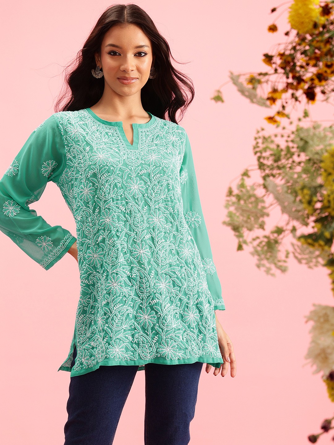 

ADA Sea Green & White Floral Embroidered Plus Size Chikankari Kurti