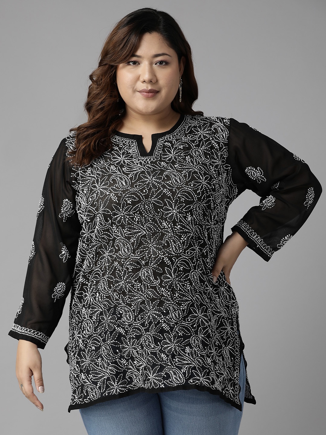 

ADA Black & White Ethnic Motifs Embroidered Plus Size Chikankari Kurti