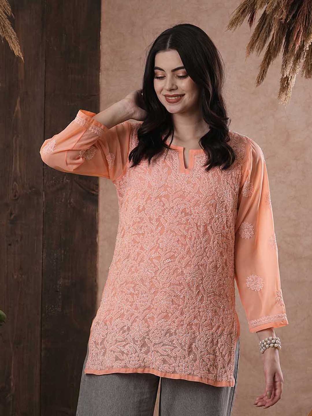 

ADA Peach-Coloured & White Ethnic Motifs Embroidered Plus Size Chikankari Kurti