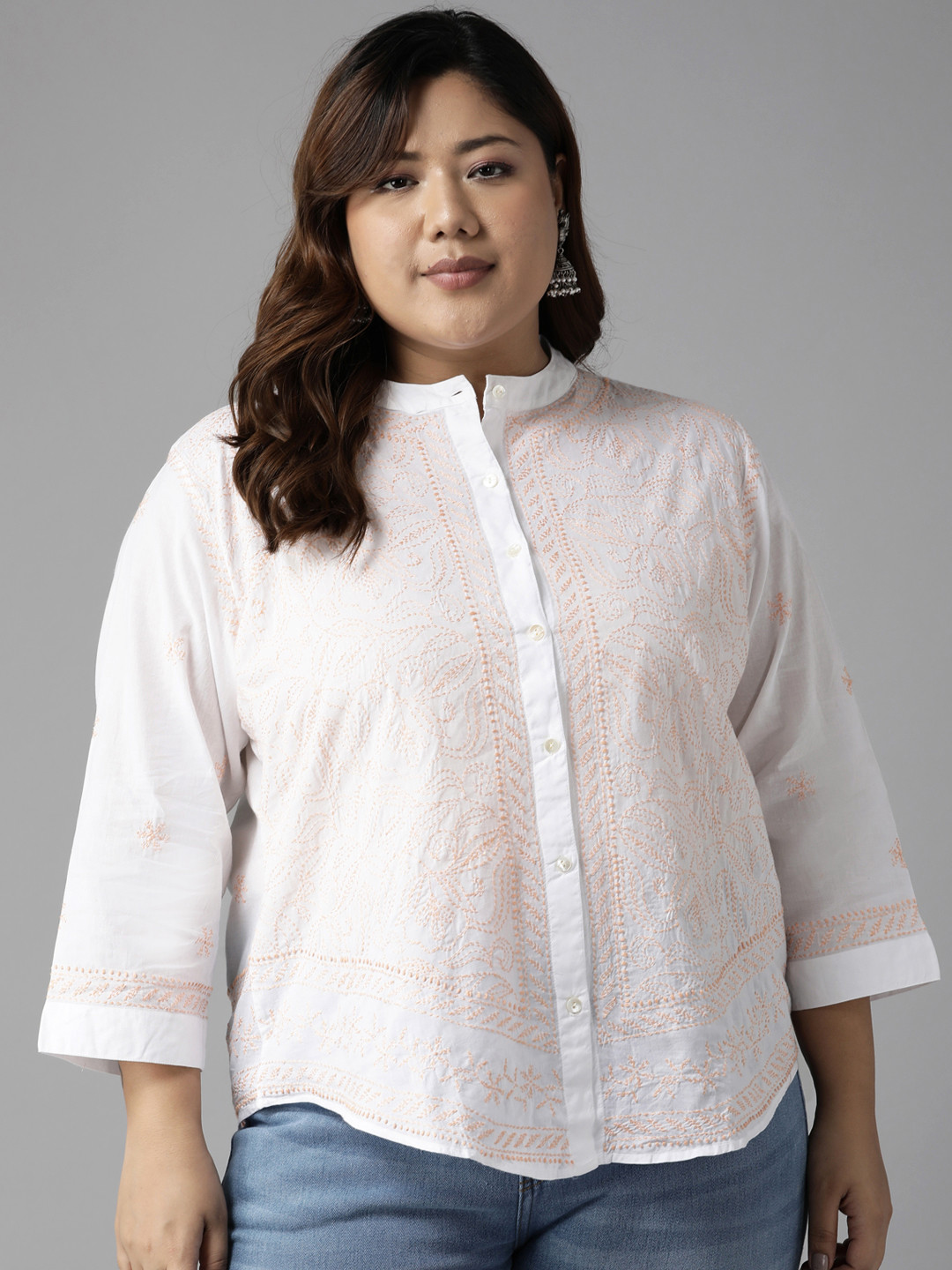 

ADA White & Peach-Coloured Ethnic Motifs Embroidered Plus Size Chikankari Kurti