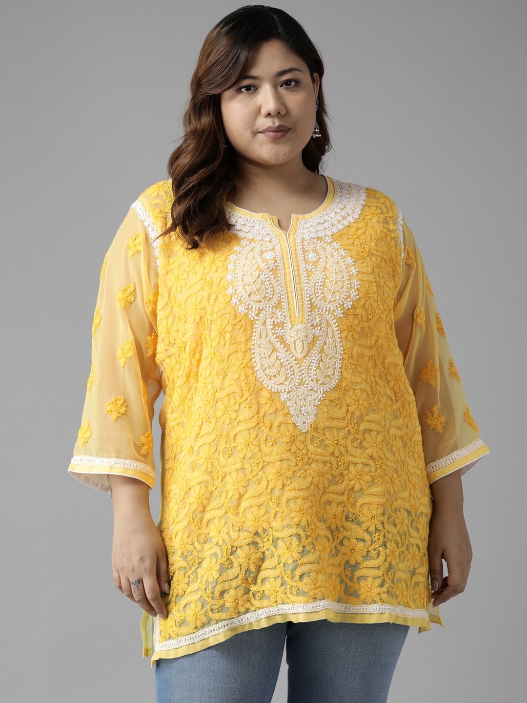 

ADA Plus Size Yellow & White Ethnic Motifs Embroidered Chikankari Kurti With Slip