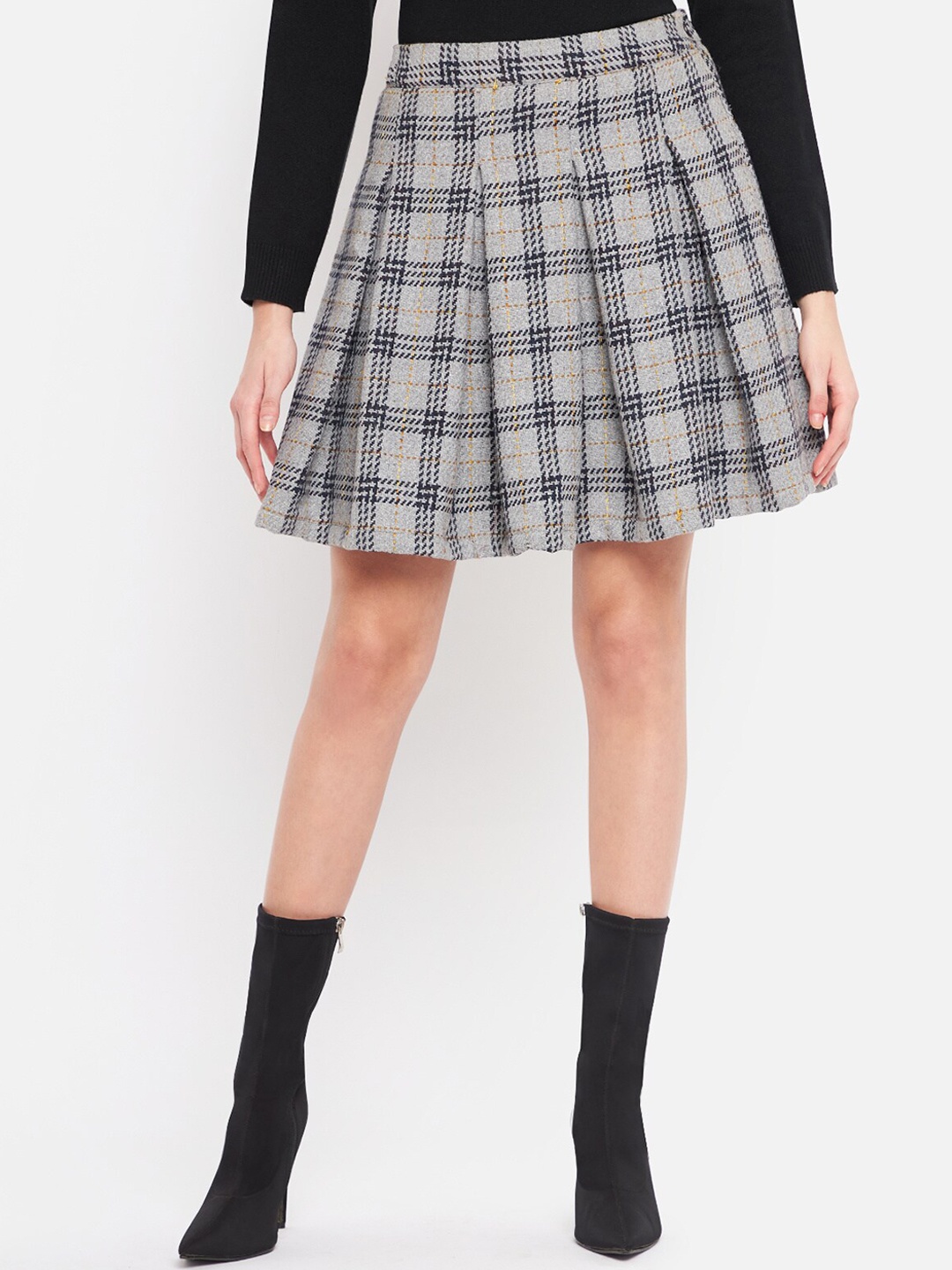 

Martini Women Grey Checked Woollen Box Pleated Mini Skirt