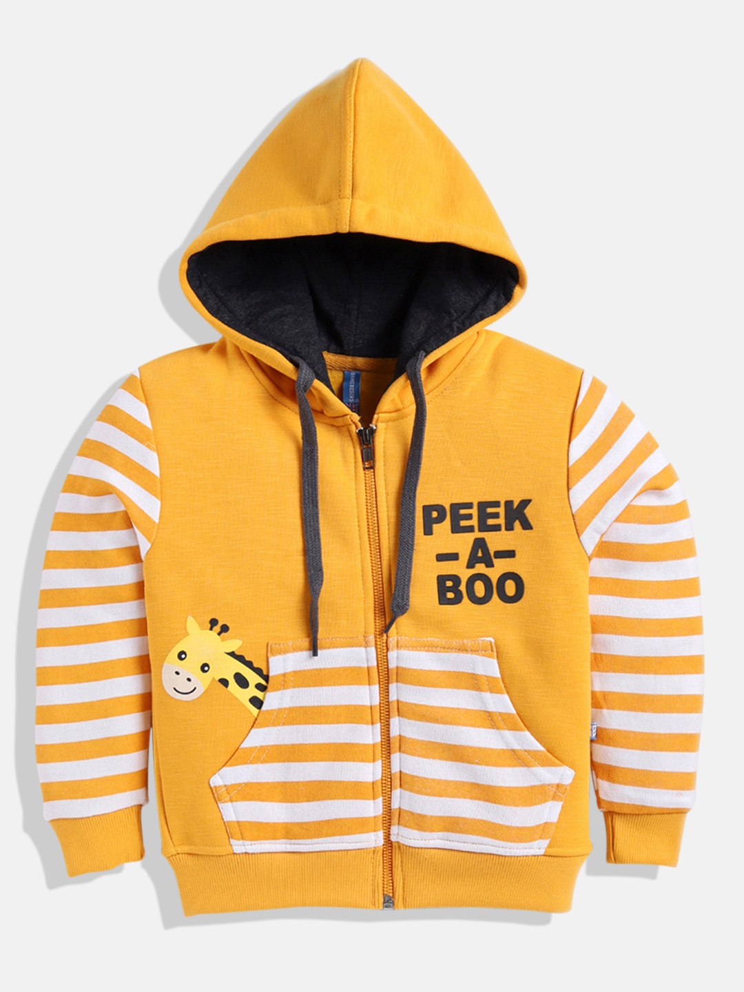 

GAME BEGINS Boys Printed & Striped Hooded Premium Cotton Sweatshirt, Yellow
