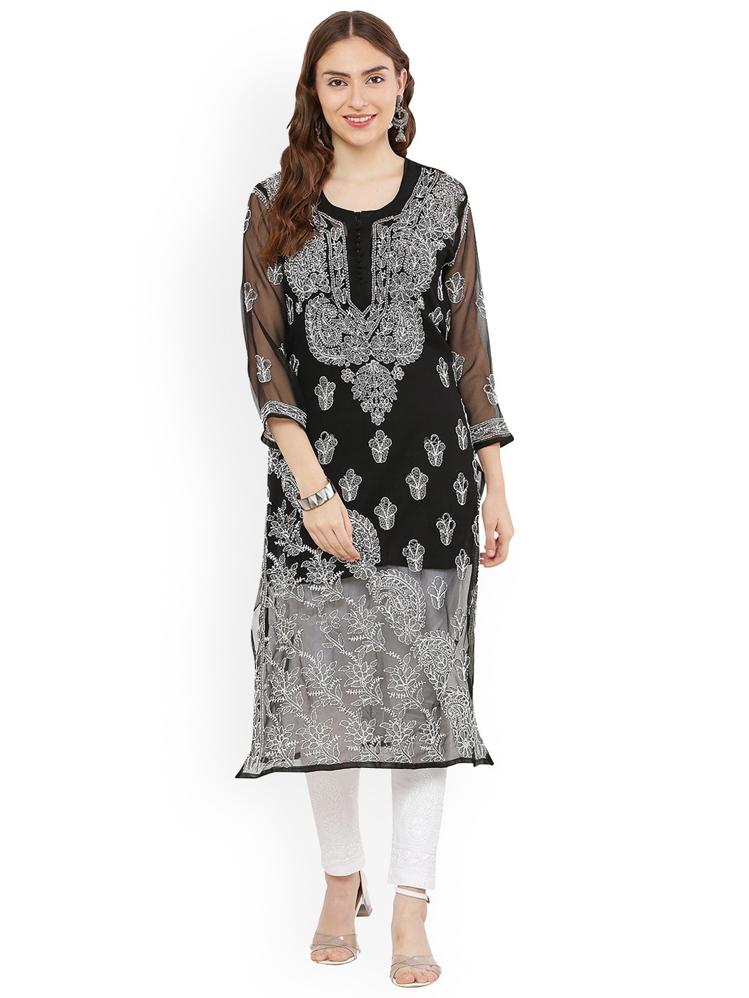 

FAWOMENT Women Black Ethnic Motifs Embroidered Chikankari Straight Fit Georgette Kurta