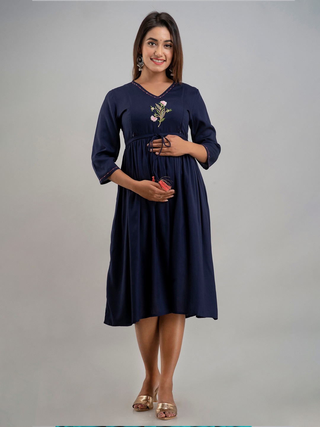 

misbis Navy Blue Floral Embroidered Side Zip Maternity Empire Midi Dress