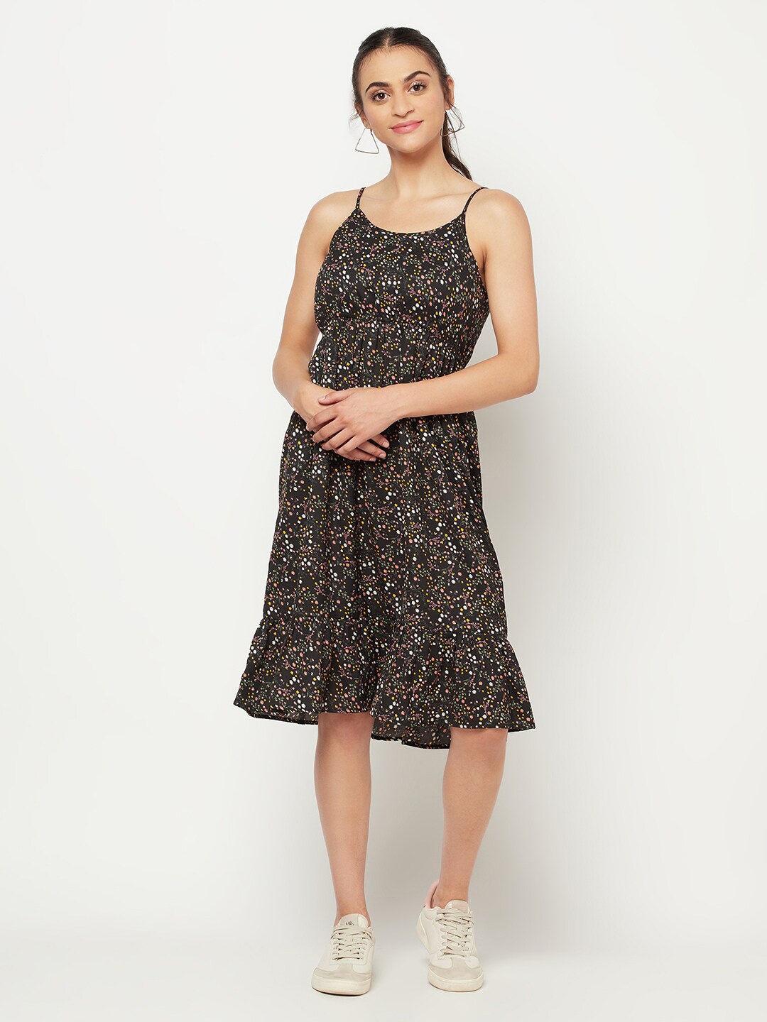 

SQew Women Black Floral Printed A-Line Flounce Dress