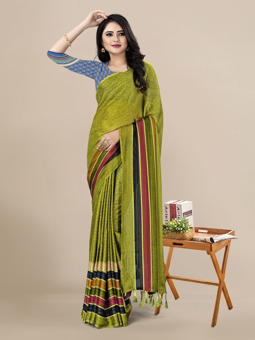 

KALINI Olive Green & Gold-Toned Leheriya Pure Chiffon Saree