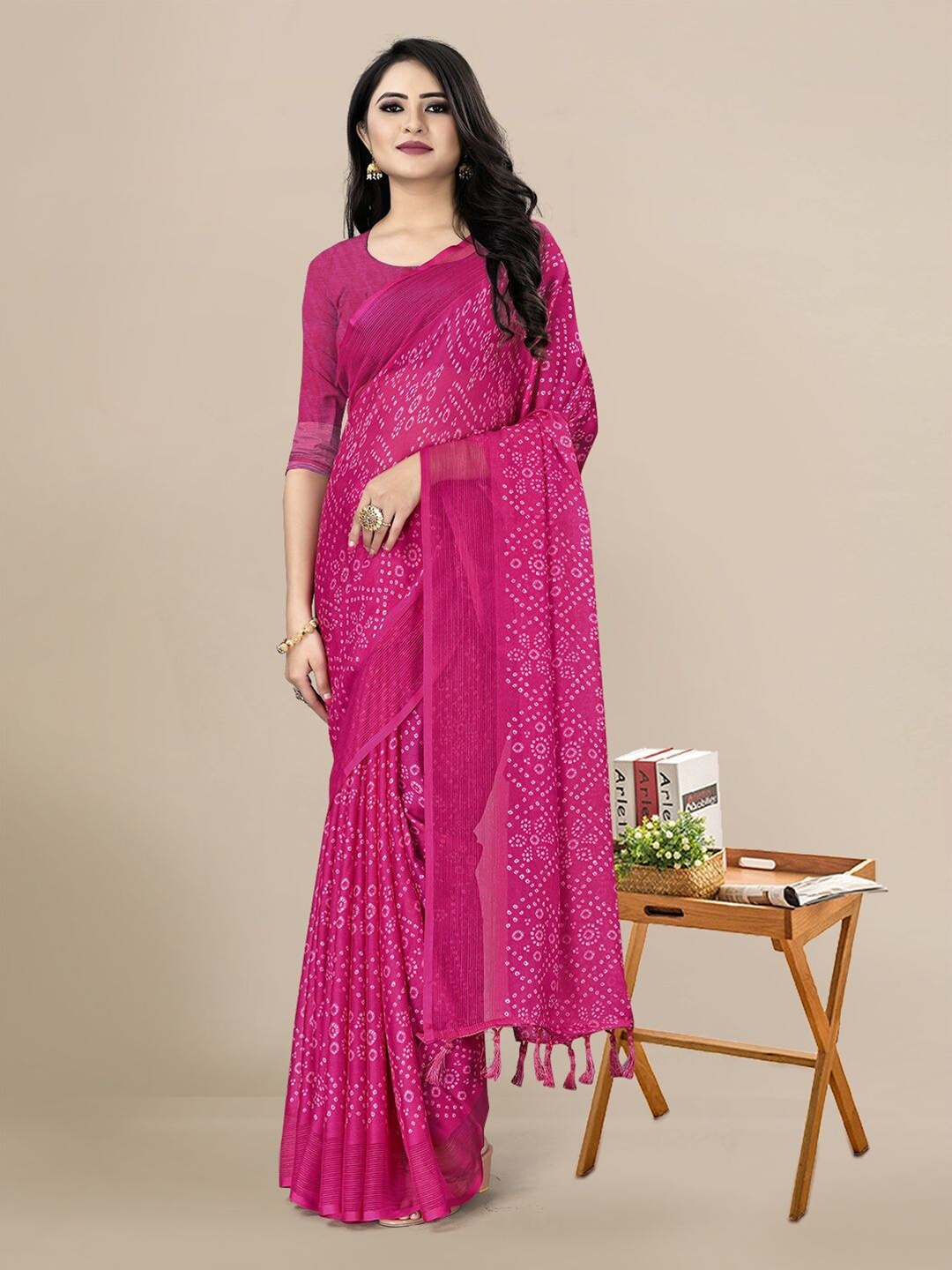 

KALINI Pink & White Bandhani Pure Chiffon Saree