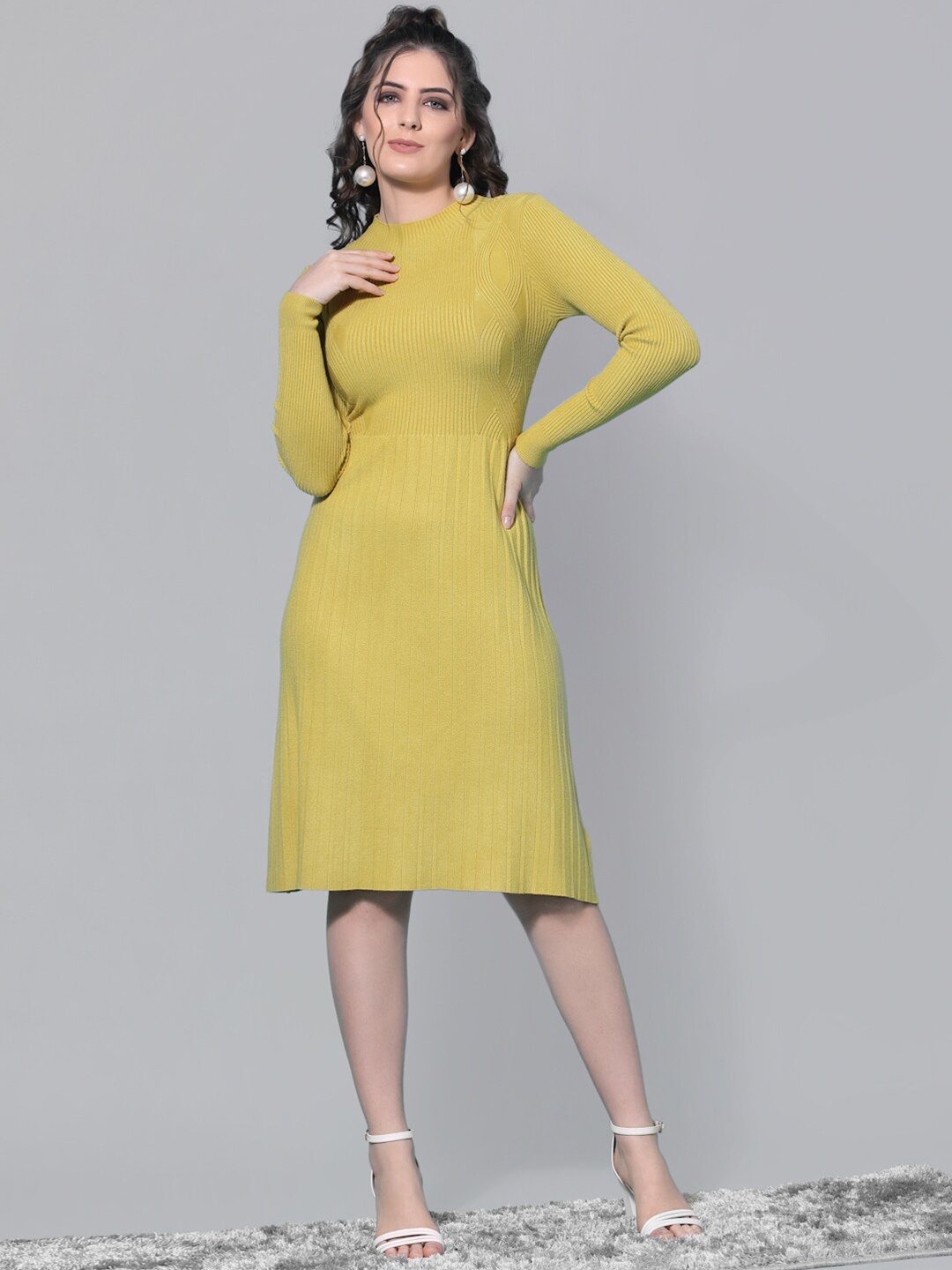 

Mafadeny Women Mustard Yellow Round Neck A-Line Dress