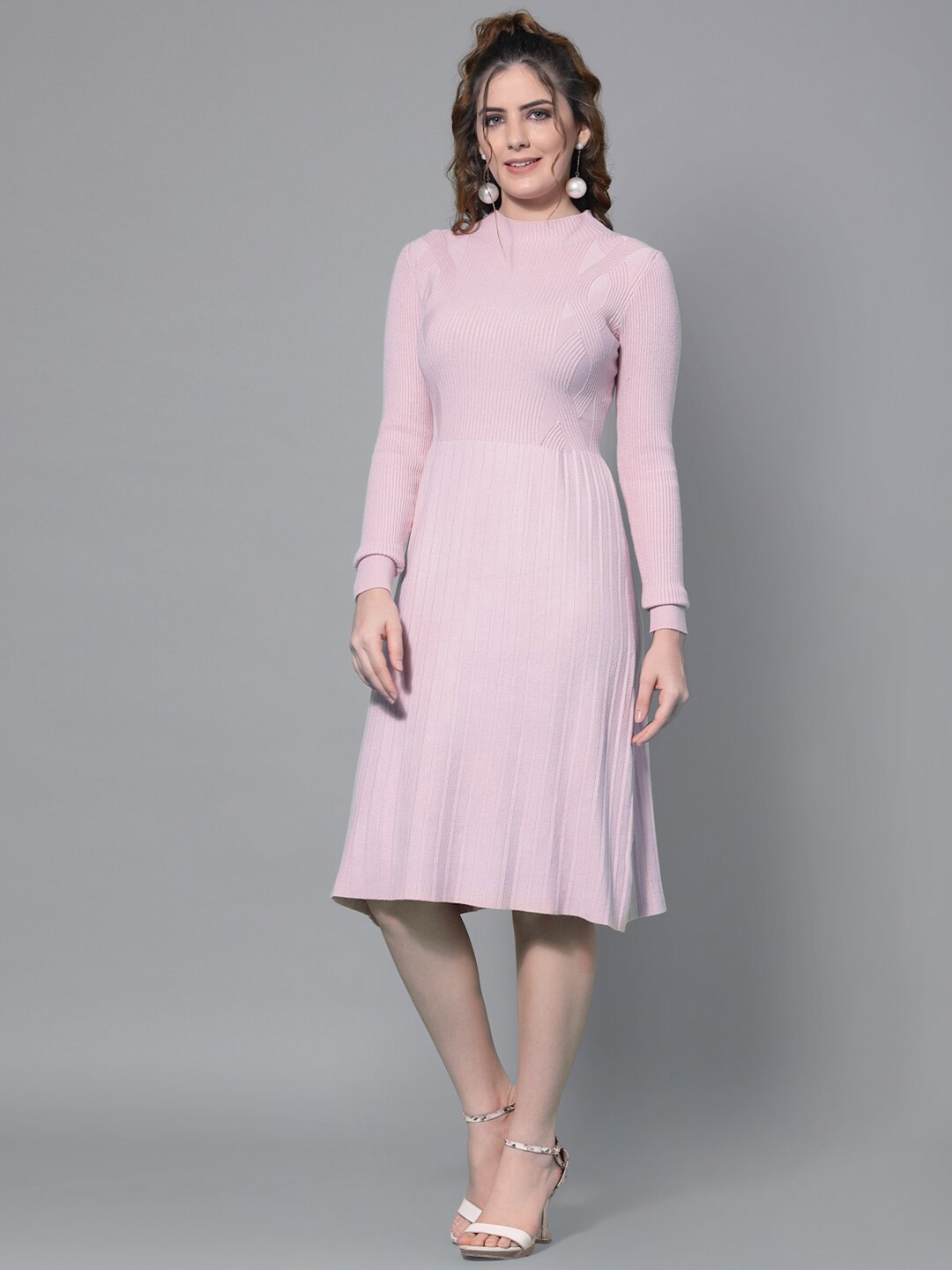 

Mafadeny Women Pink High Neck Fit And Flare Dress